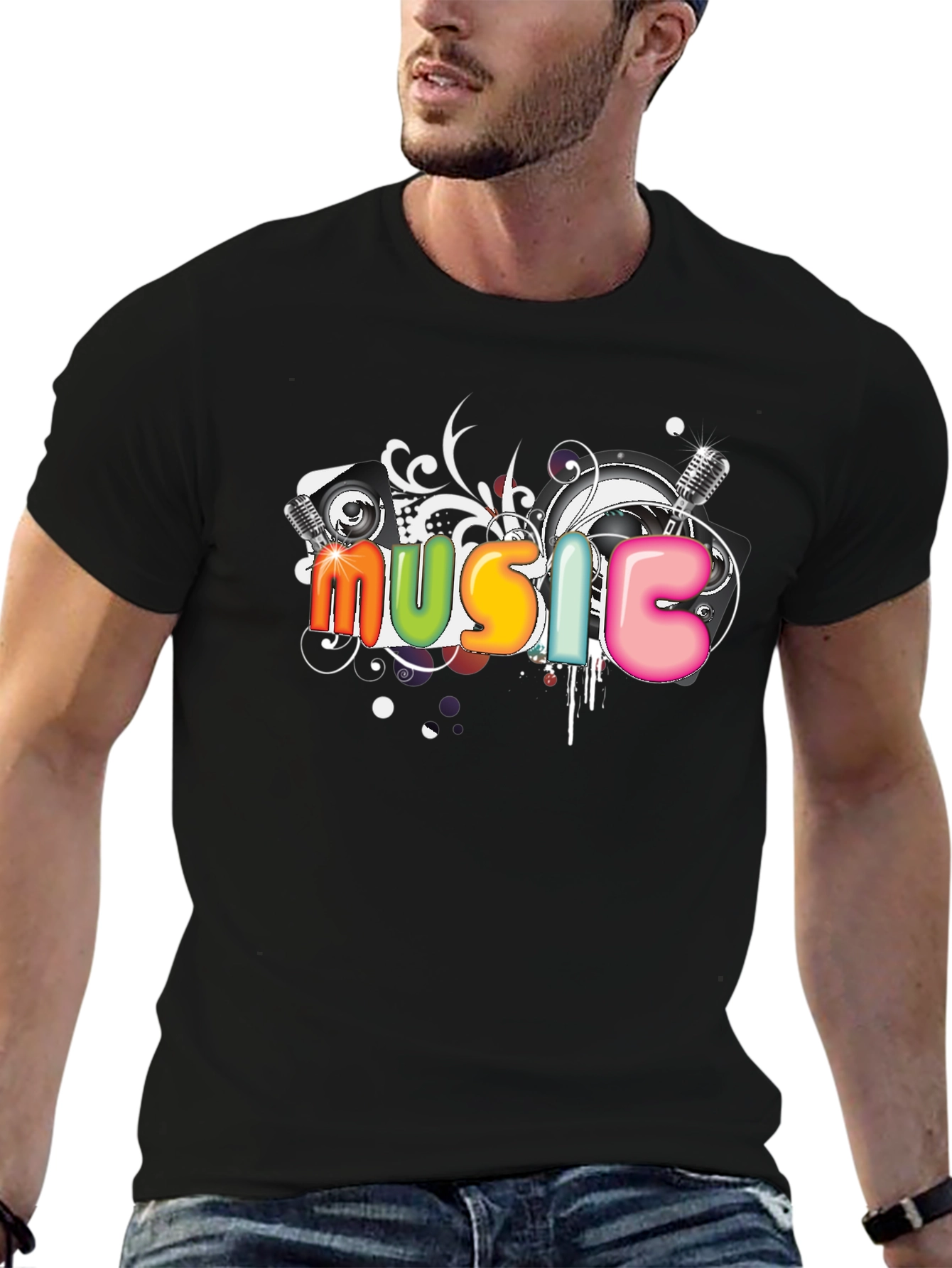 Music Graphic Tee - Colorful Design Black T-Shirt