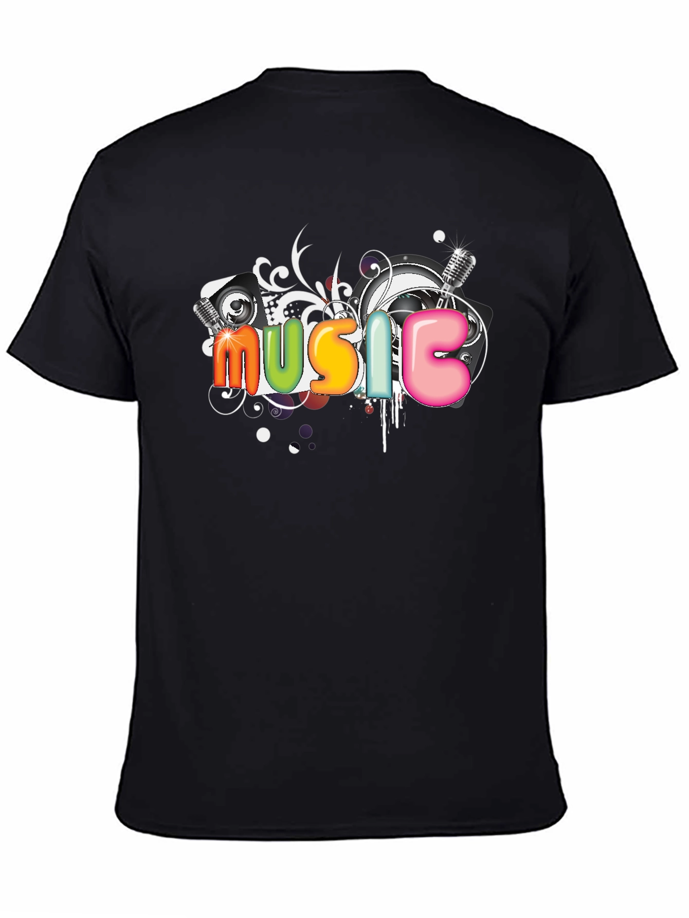 Music Graphic Tee - Colorful Design Black T-Shirt
