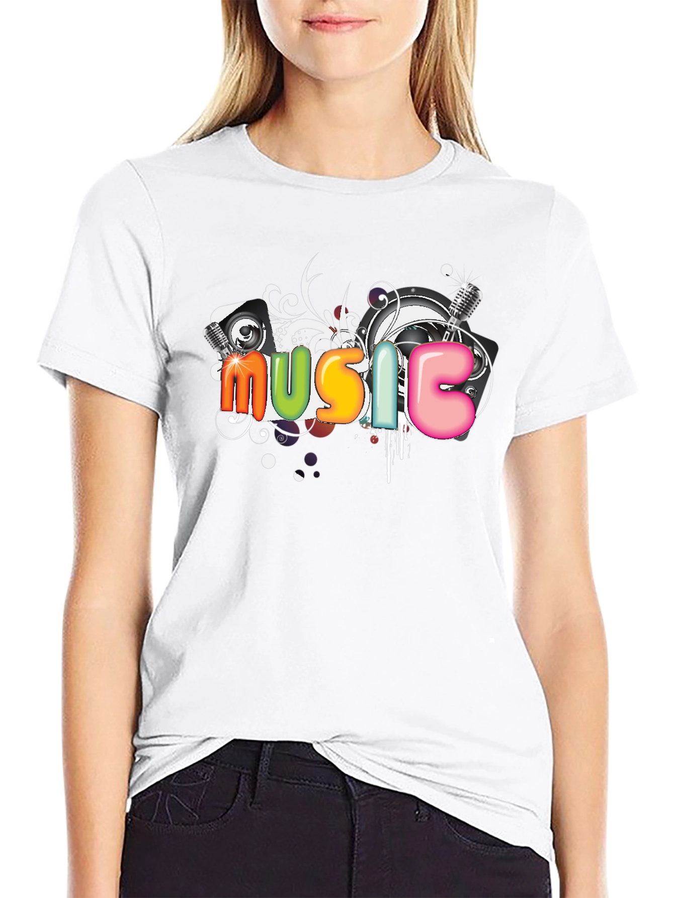 Music Graphic Tee - Colorful Design Black T-Shirt
