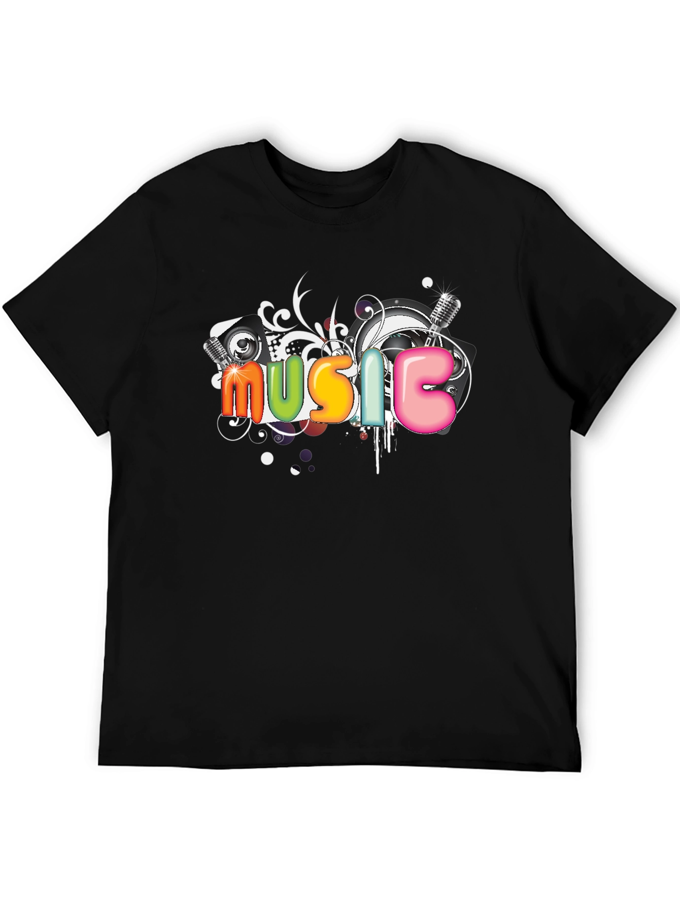 Music Graphic Tee - Colorful Design Black T-Shirt