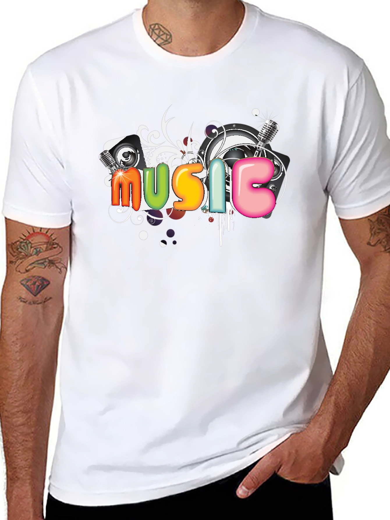 Music Graphic Tee - Colorful Design Black T-Shirt