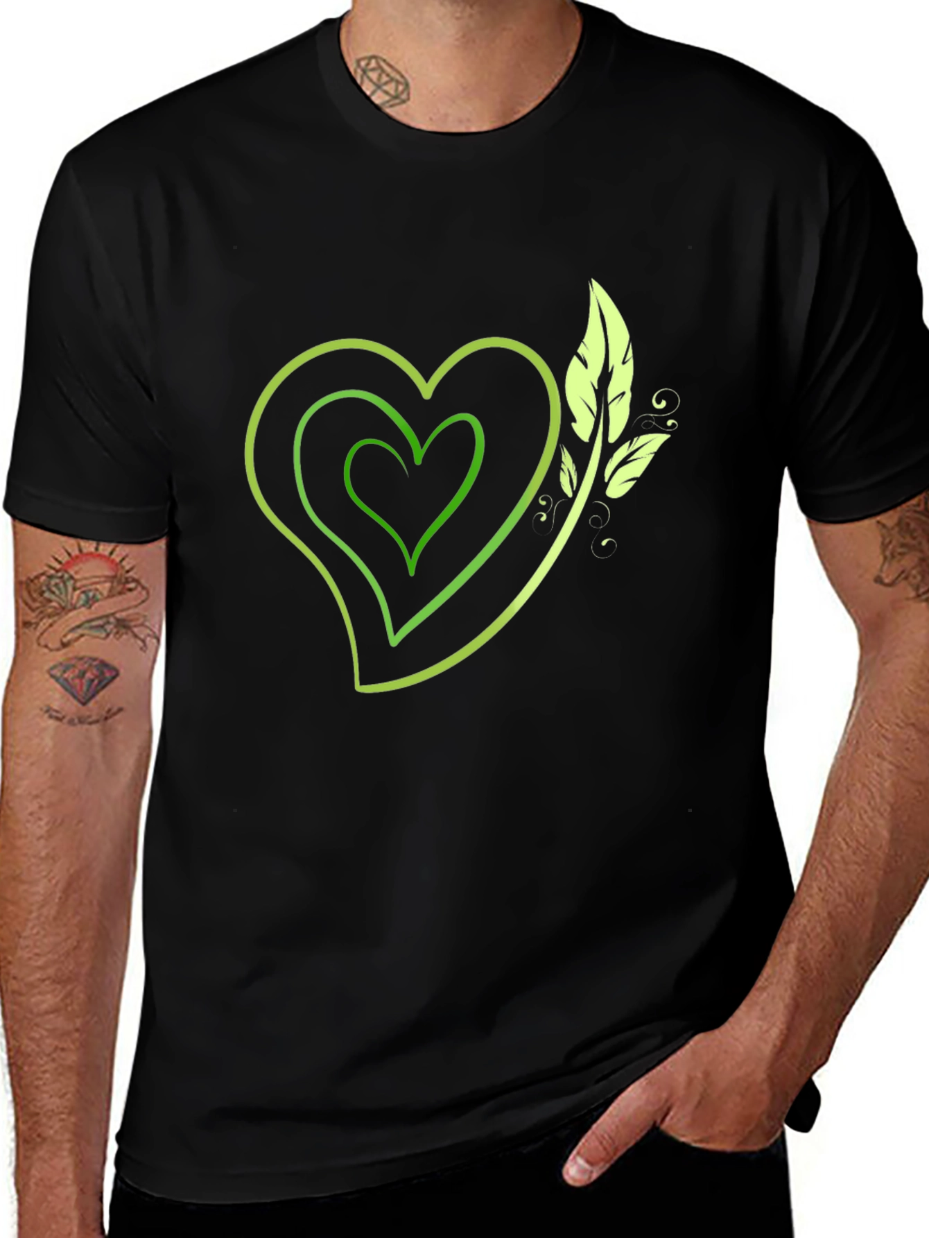 Green Heart & Leaf Graphic Black T-Shirt