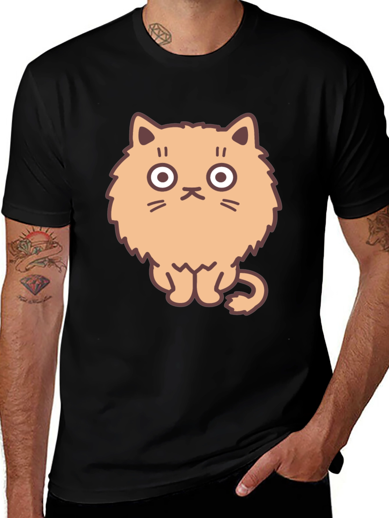 Cartoon Cat Graphic Tee - Mens Black T-Shirt