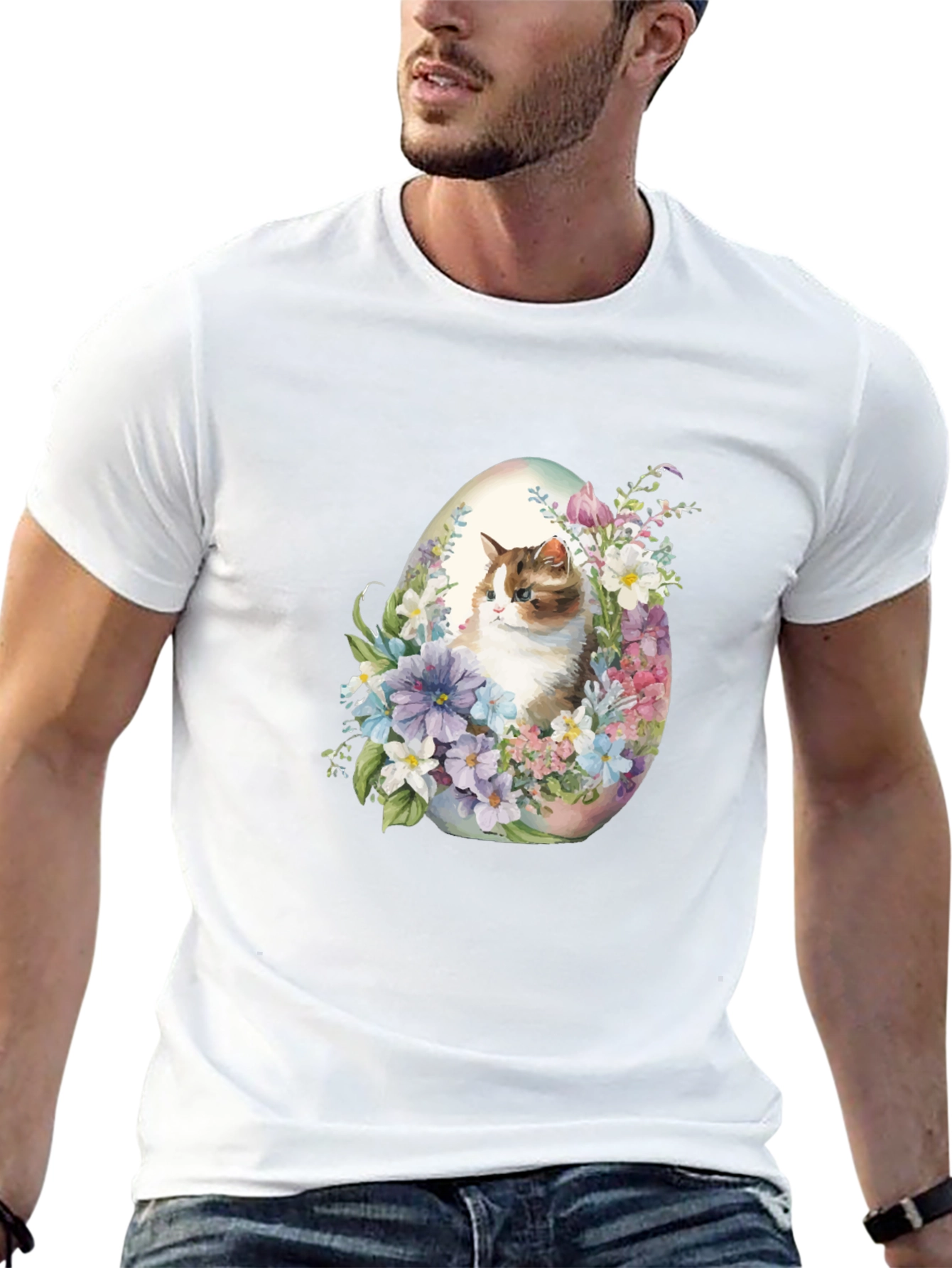 Easter Cat Egg T-Shirt - Cute Kitten Floral Design