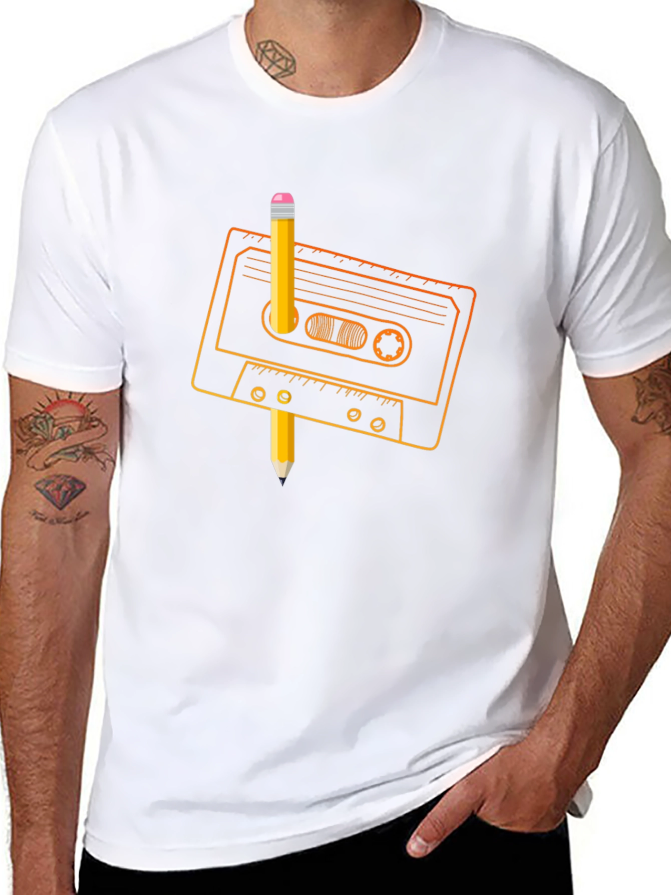 Retro Cassette Tape & Pencil Black T-Shirt