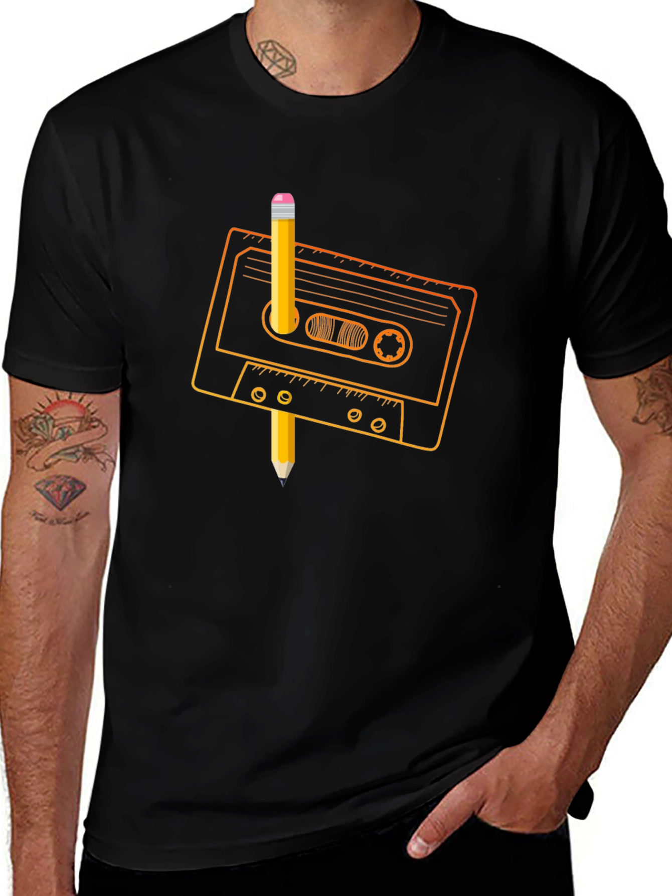 Retro Cassette Tape & Pencil Black T-Shirt