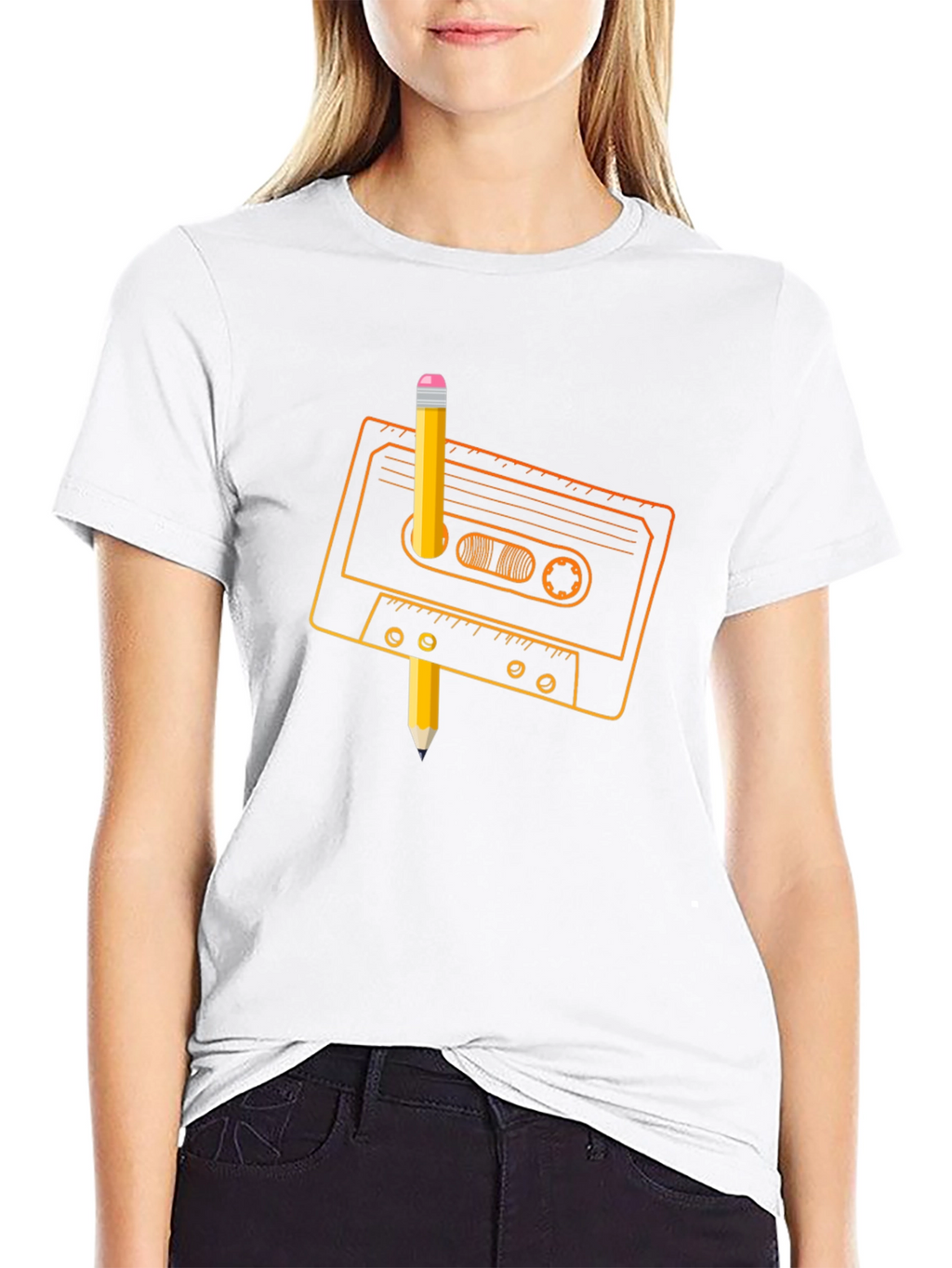 Retro Cassette Tape & Pencil Black T-Shirt