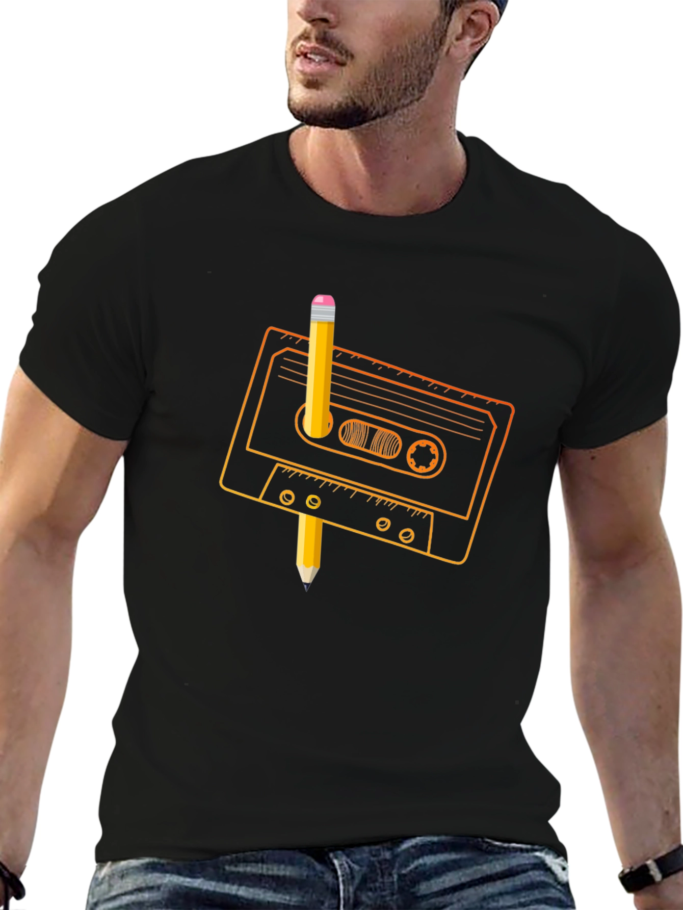 Retro Cassette Tape & Pencil Black T-Shirt