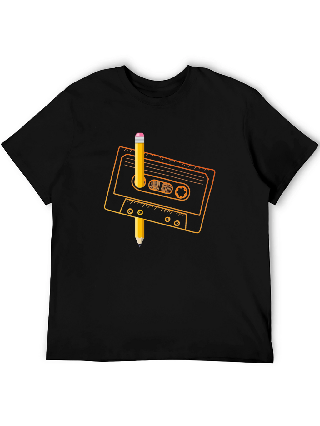 Retro Cassette Tape & Pencil Black T-Shirt