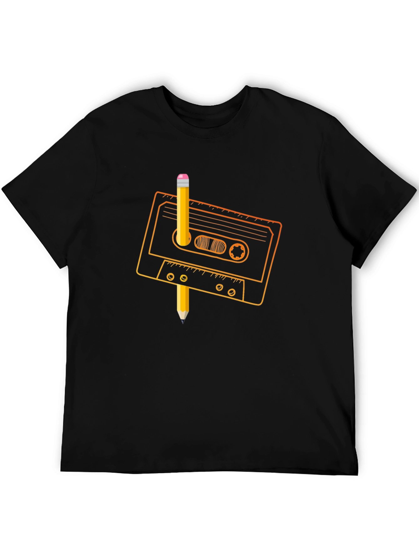 Retro Cassette Tape & Pencil Black T-Shirt