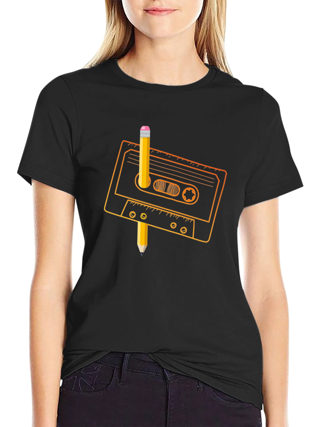 Retro Cassette Tape & Pencil Black T-Shirt