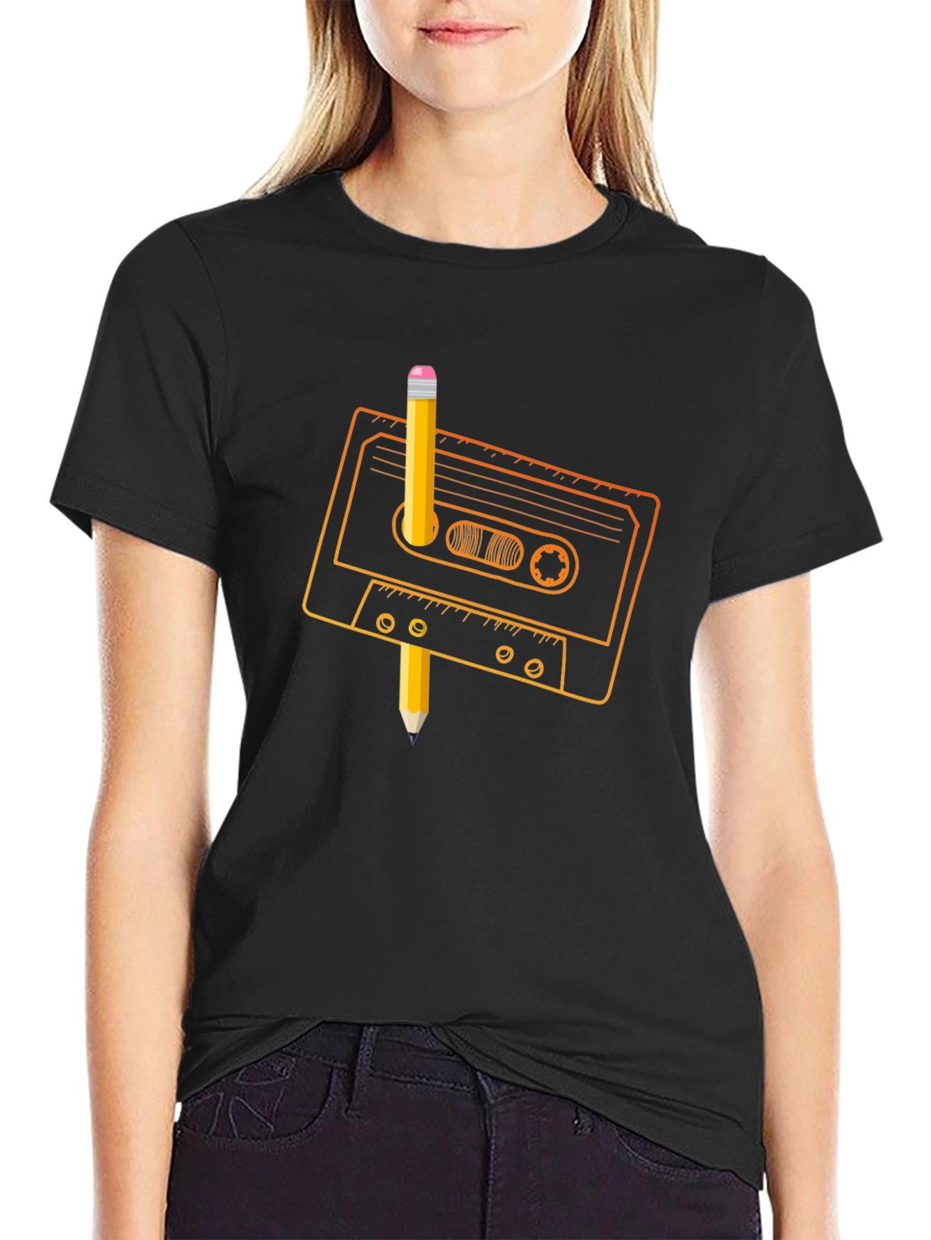Retro Cassette Tape & Pencil Black T-Shirt