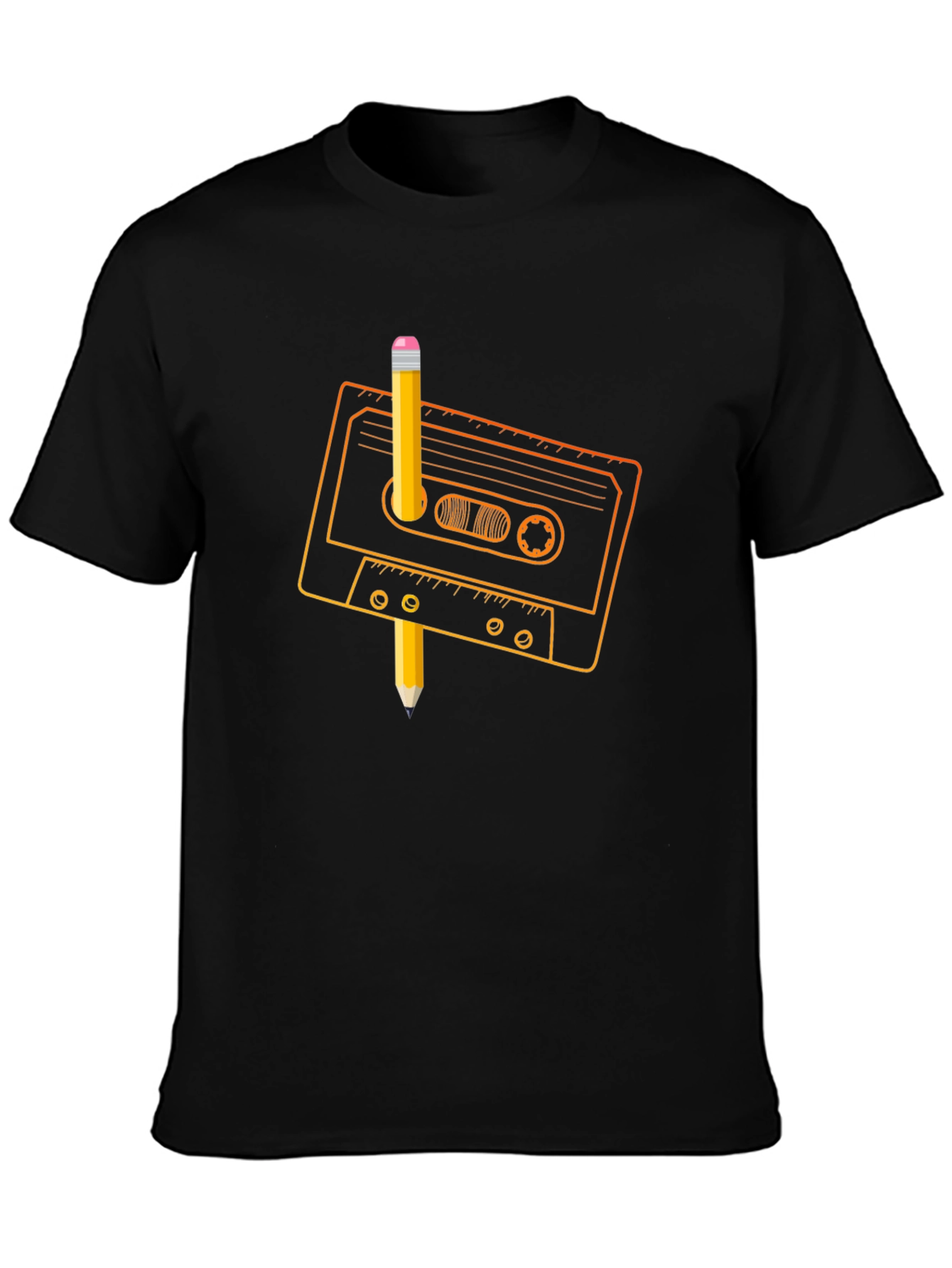 Retro Cassette Tape & Pencil Black T-Shirt
