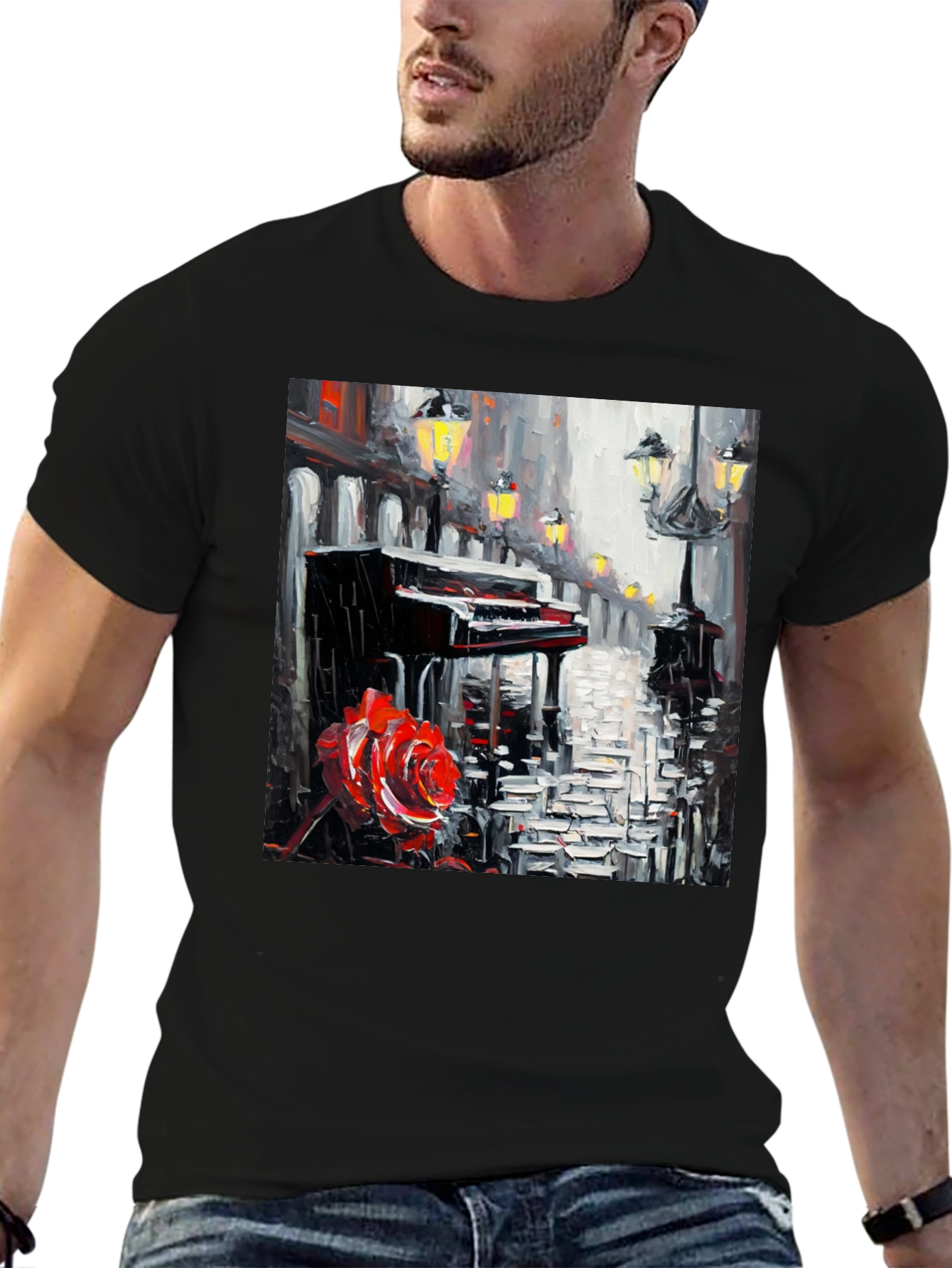 Piano & Rose Graphic Tee - Artistic Black T-Shirt