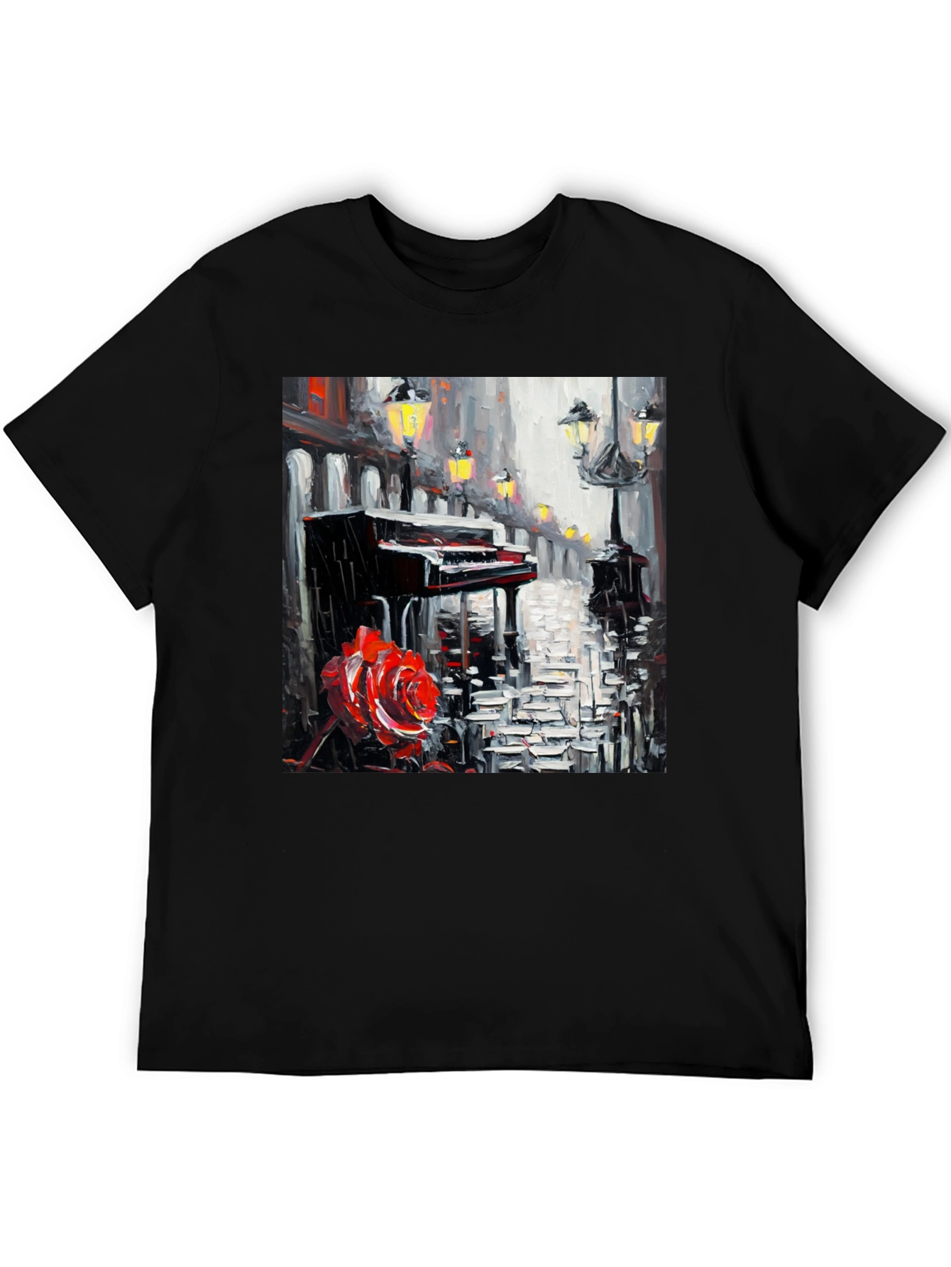 Piano & Rose Graphic Tee - Artistic Black T-Shirt