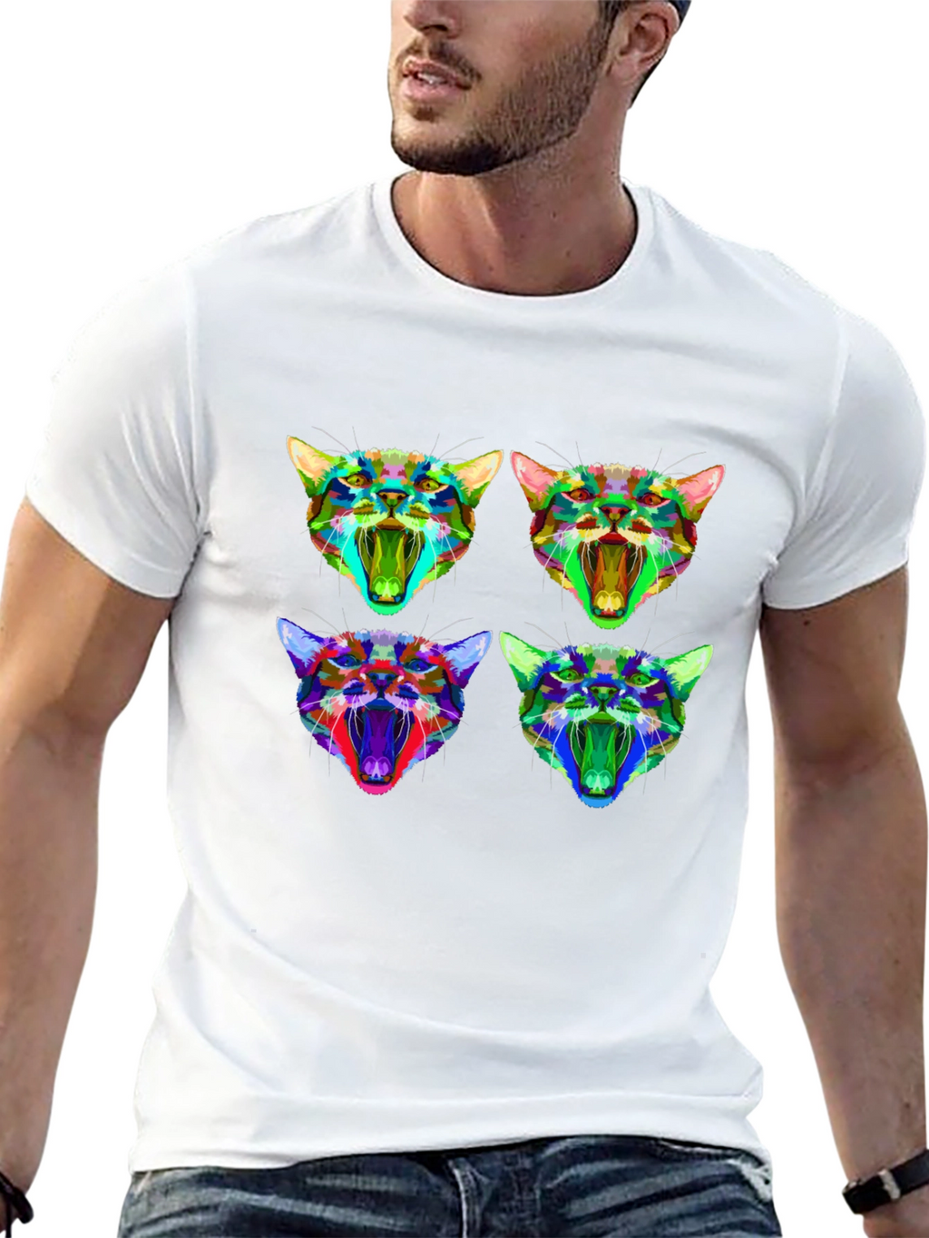 Abstract Geometric Cat Head Graphic T-Shirt