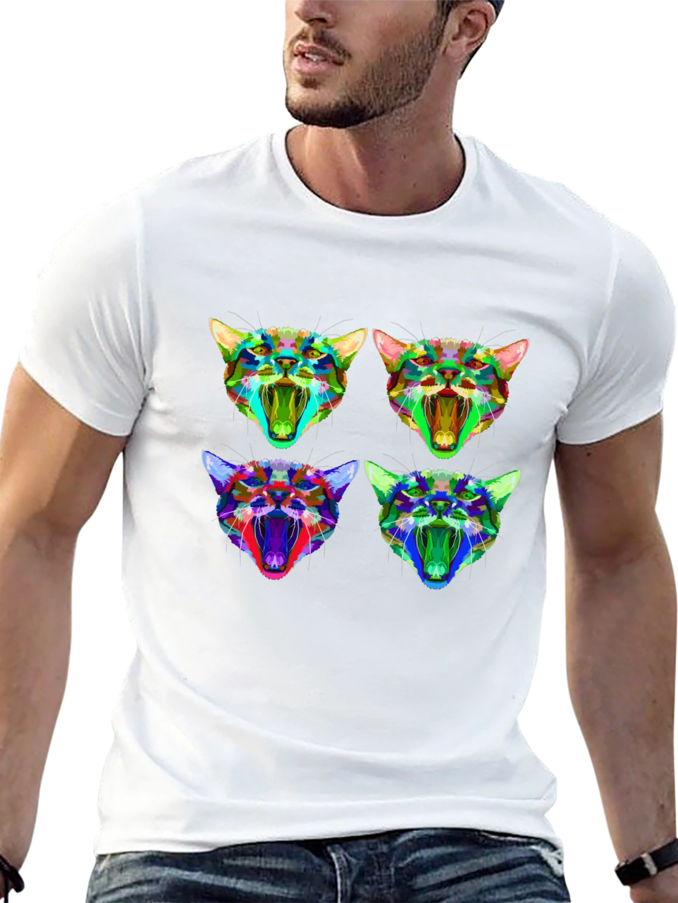 Abstract Geometric Cat Head Graphic T-Shirt