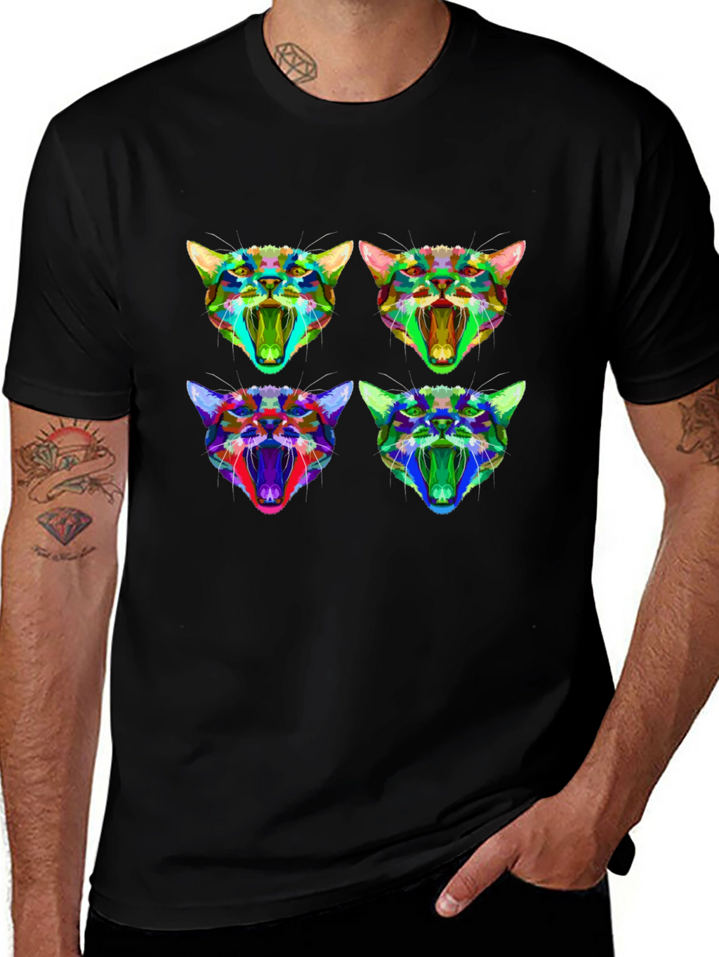 Abstract Geometric Cat Head Graphic T-Shirt