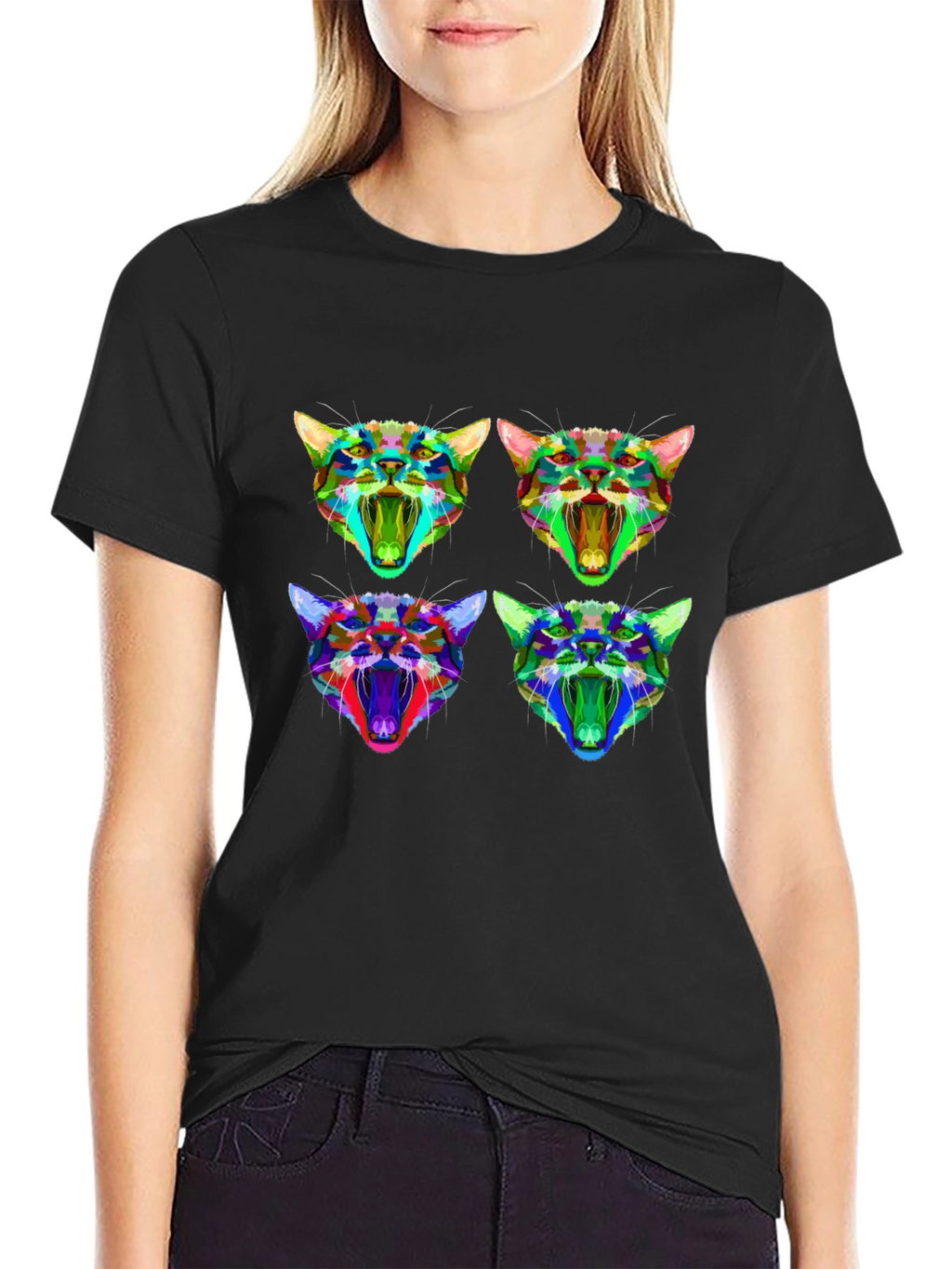 Abstract Geometric Cat Head Graphic T-Shirt