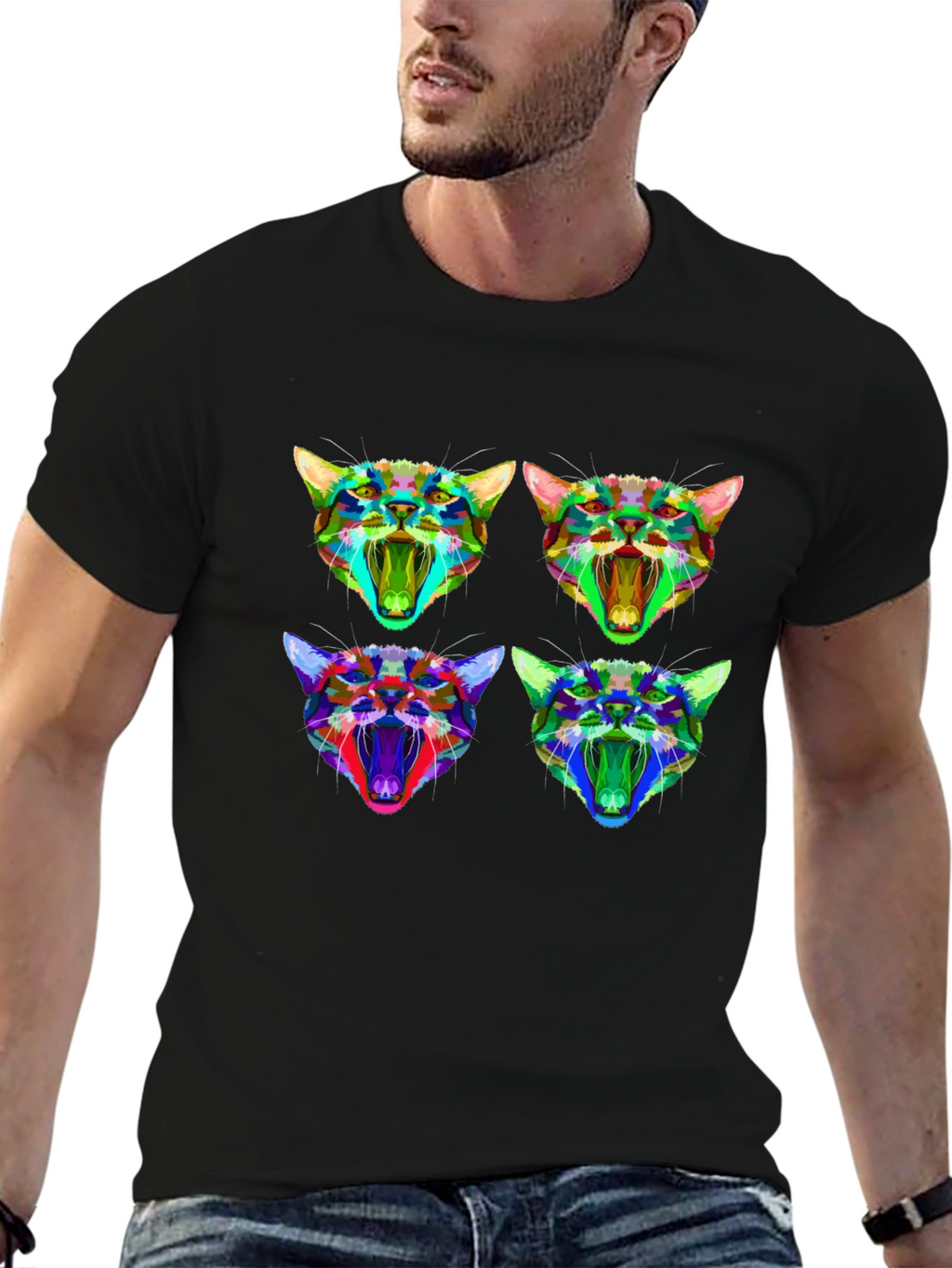 Abstract Geometric Cat Head Graphic T-Shirt