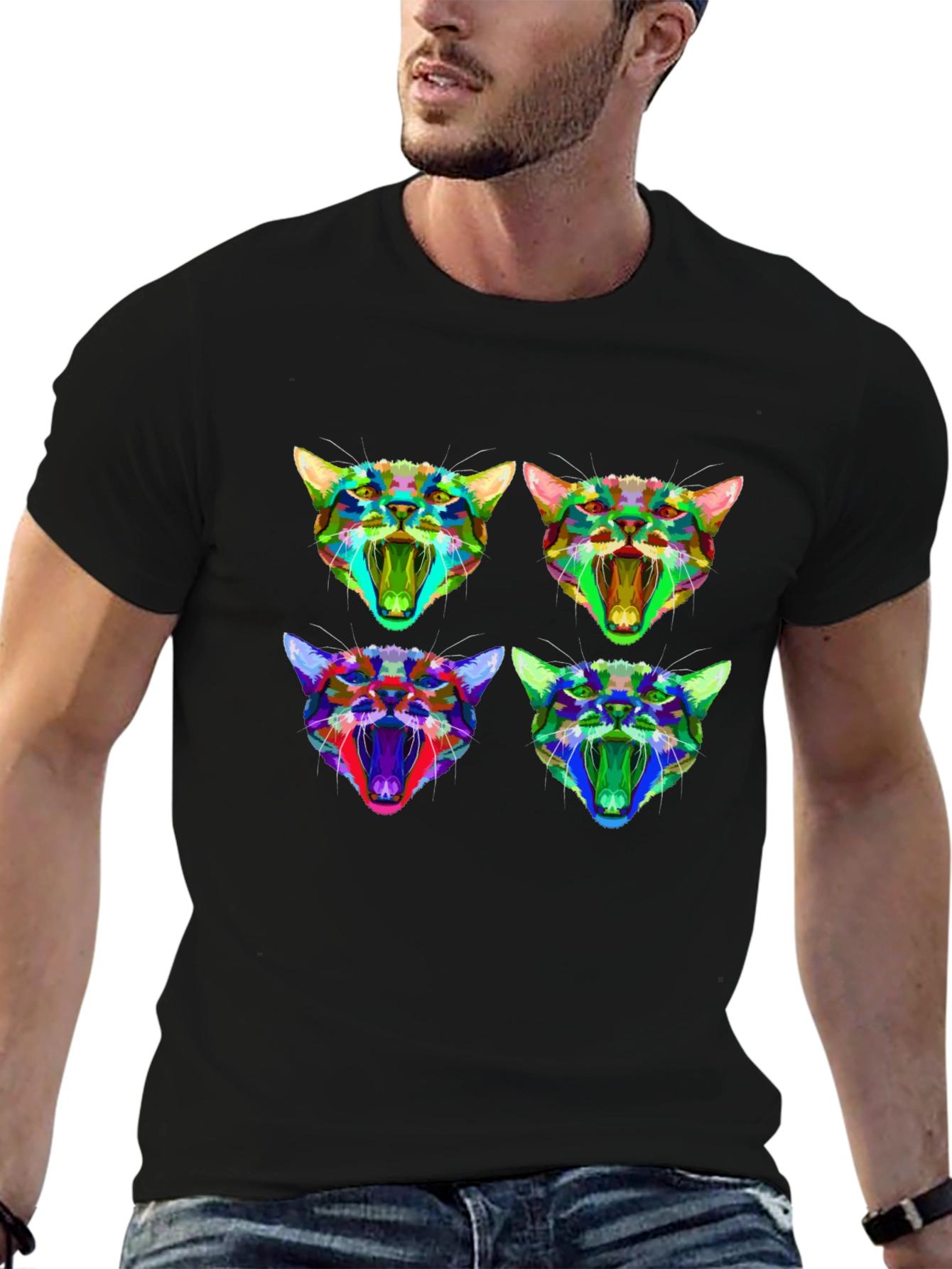 Abstract Geometric Cat Head Graphic T-Shirt