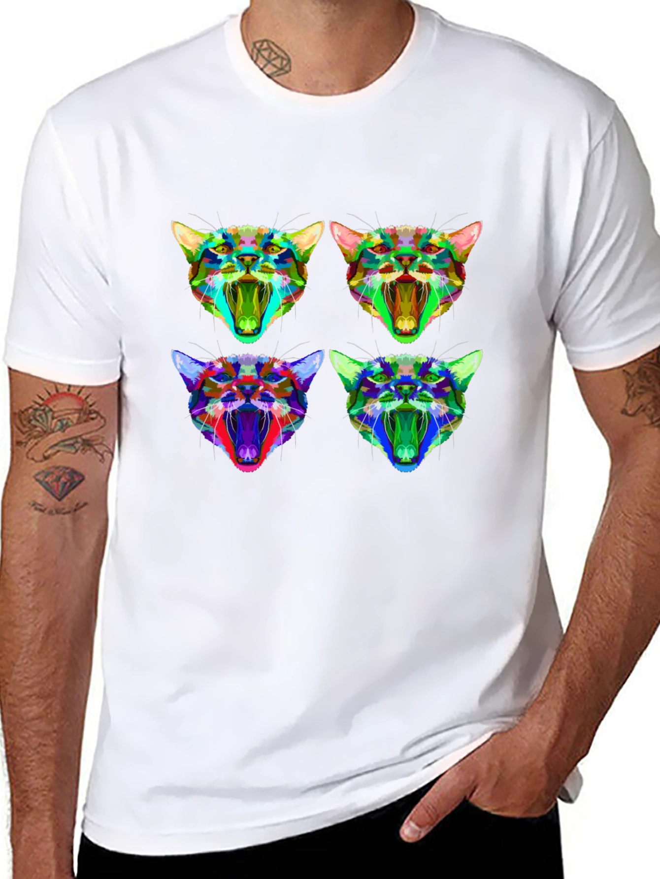 Abstract Geometric Cat Head Graphic T-Shirt