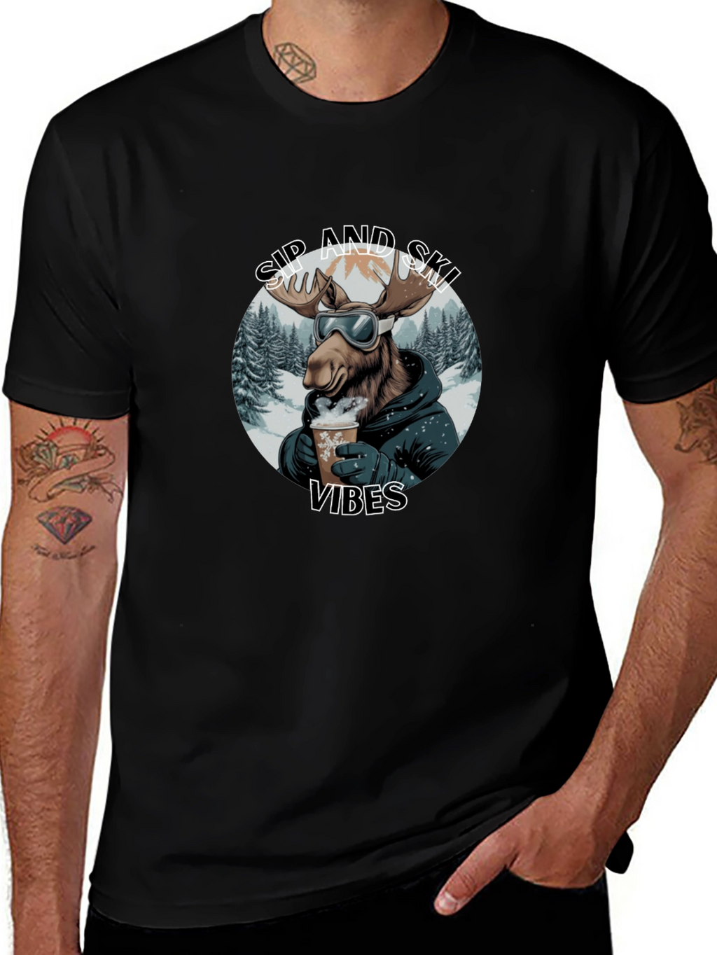 Sip and Ski Vibes Black T-Shirt