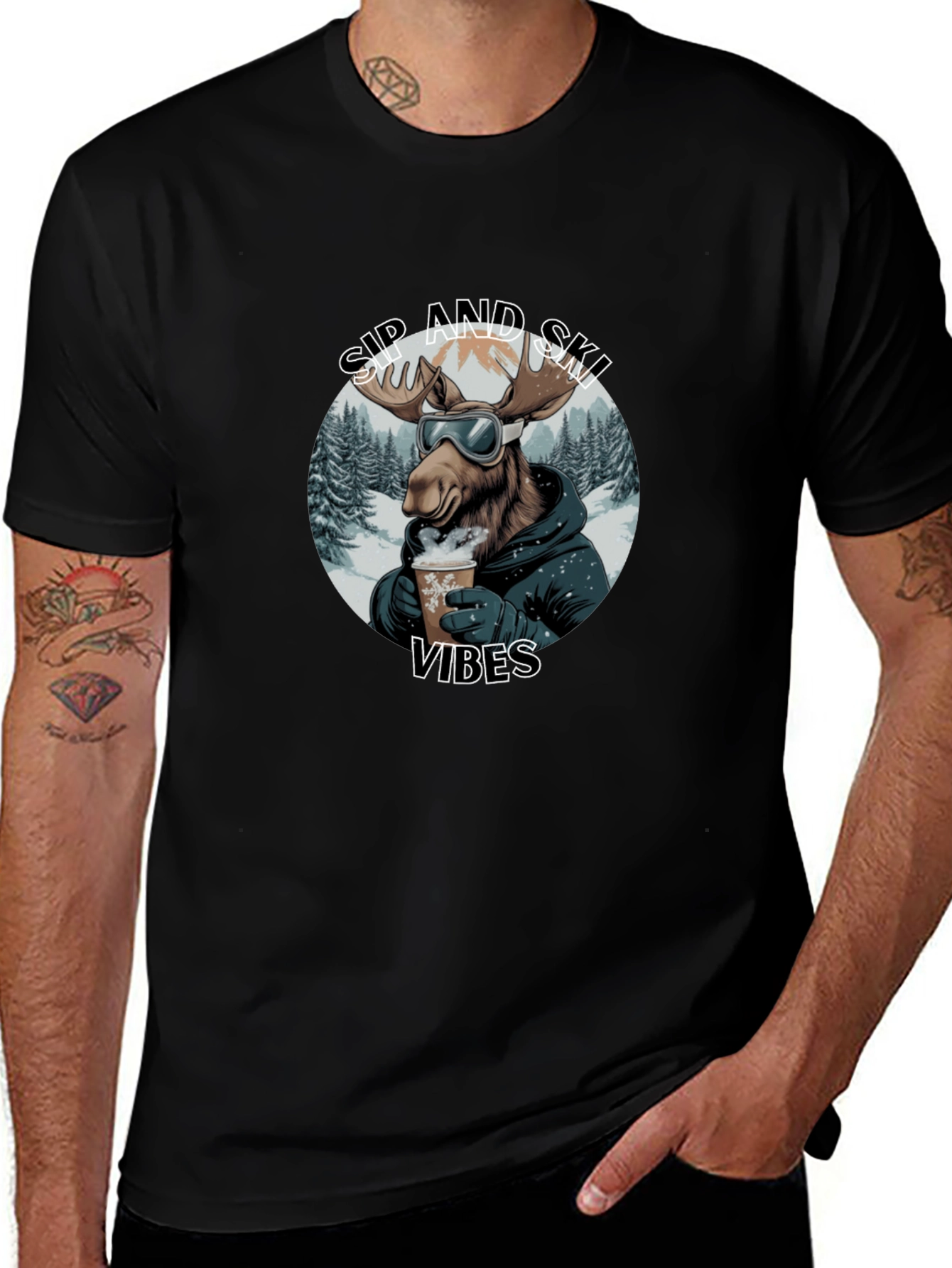 Sip and Ski Vibes Black T-Shirt