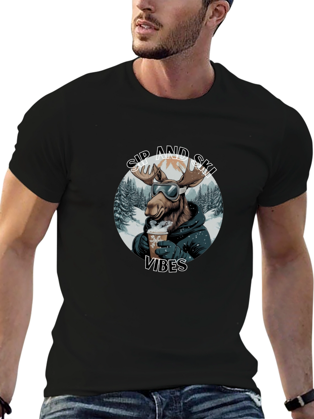Sip and Ski Vibes Black T-Shirt