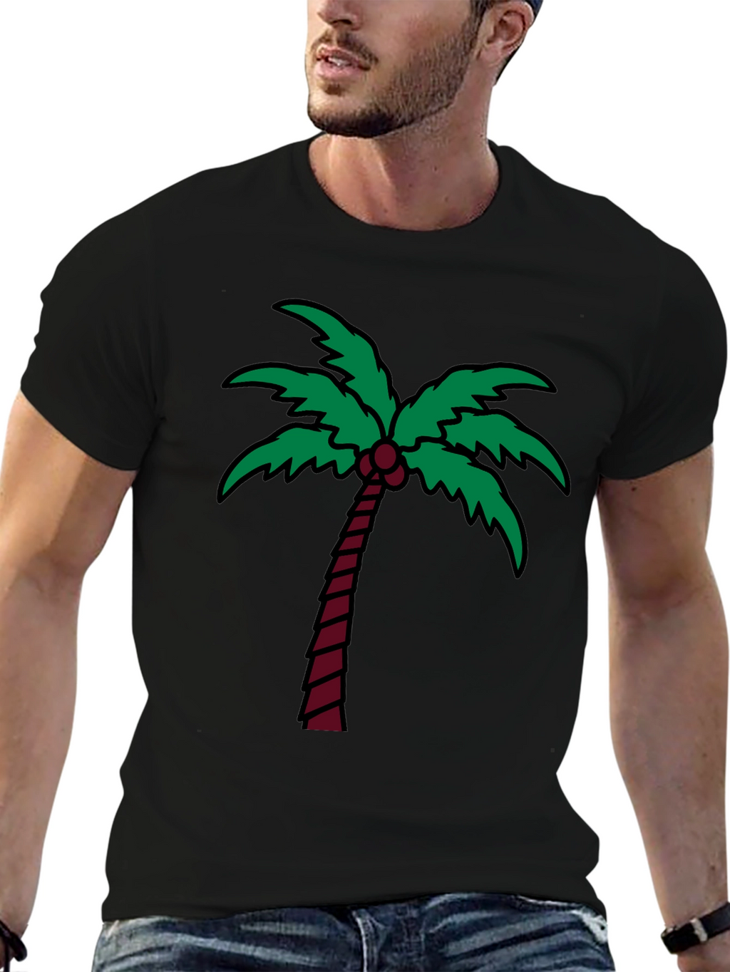 Palm Tree Graphic Tee - Black Cotton T-Shirt