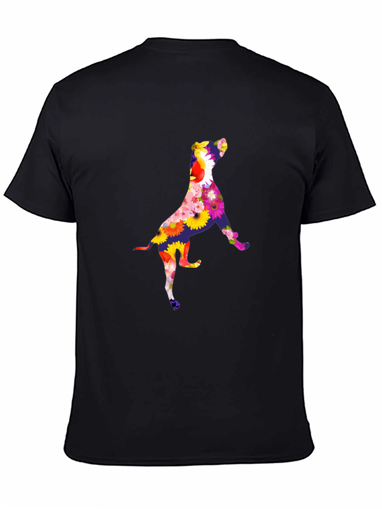 Floral Dog Graphic Tee - Black Cotton T-Shirt