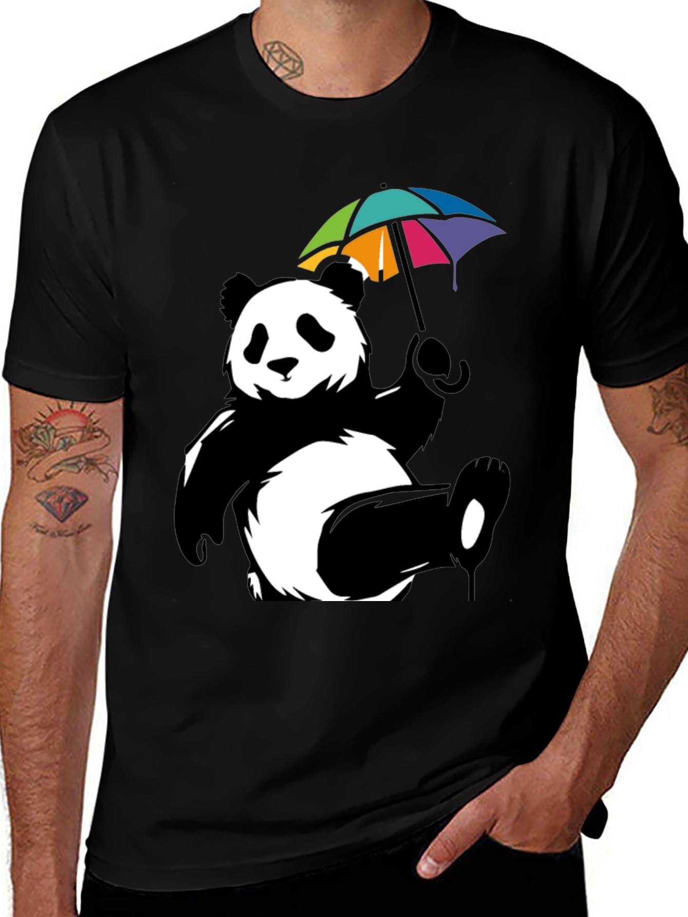 Panda Bear Umbrella Graphic Tee - Mens Black T-Shirt