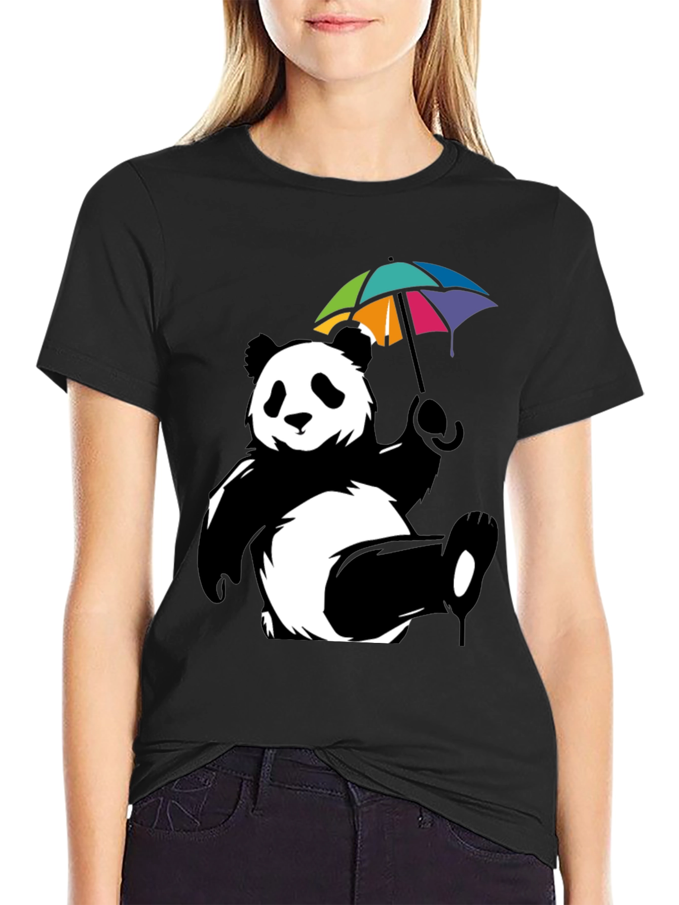 Panda Bear Umbrella Graphic Tee - Mens Black T-Shirt