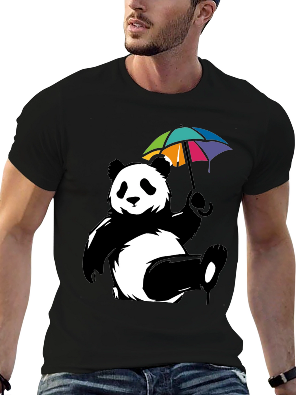 Panda Bear Umbrella Graphic Tee - Mens Black T-Shirt