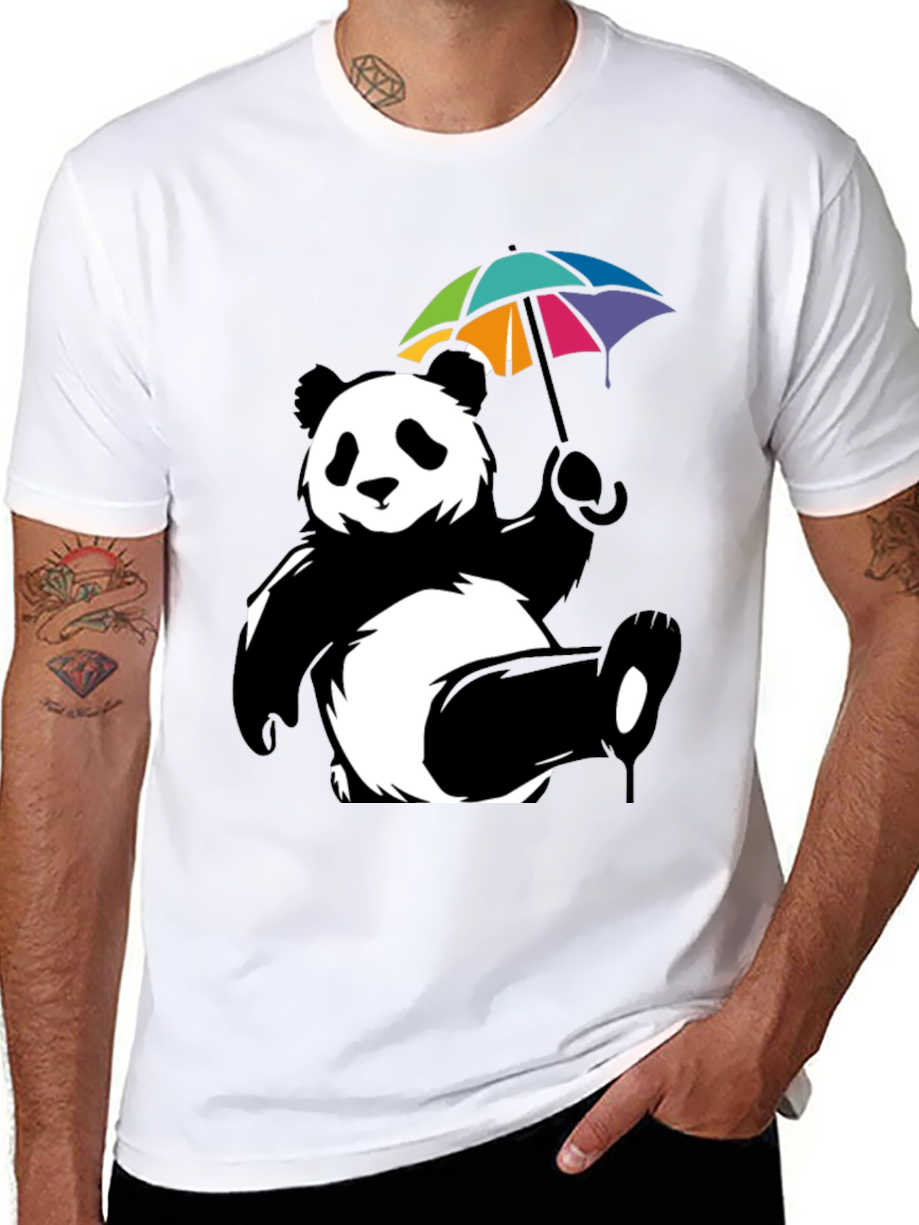 Panda Bear Umbrella Graphic Tee - Mens Black T-Shirt