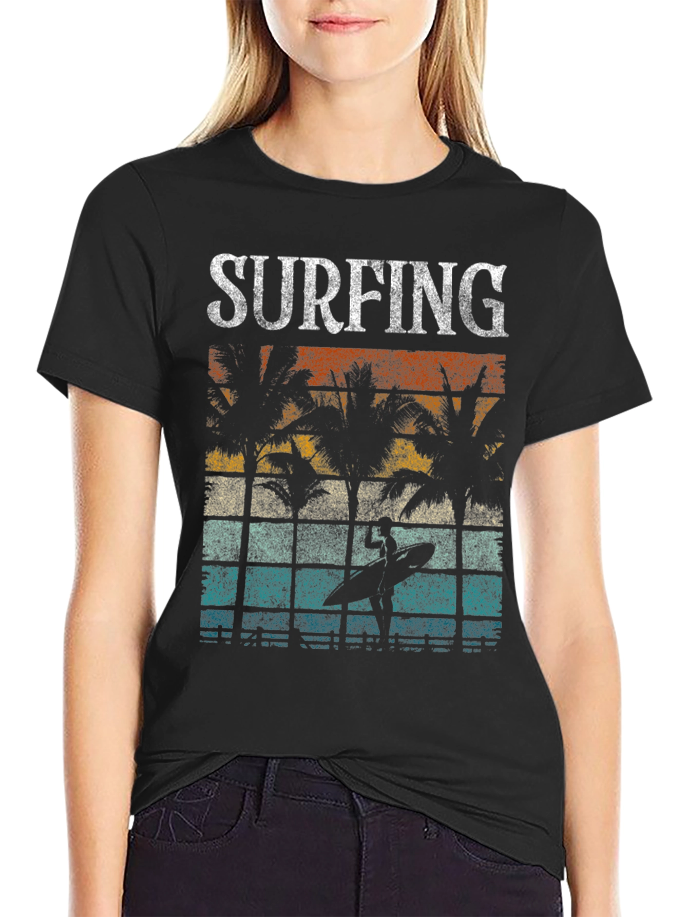 Vintage Surfing Palm Tree Graphic T-Shirt