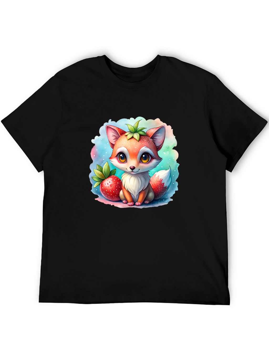 Cute Fox & Strawberry Black T-Shirt