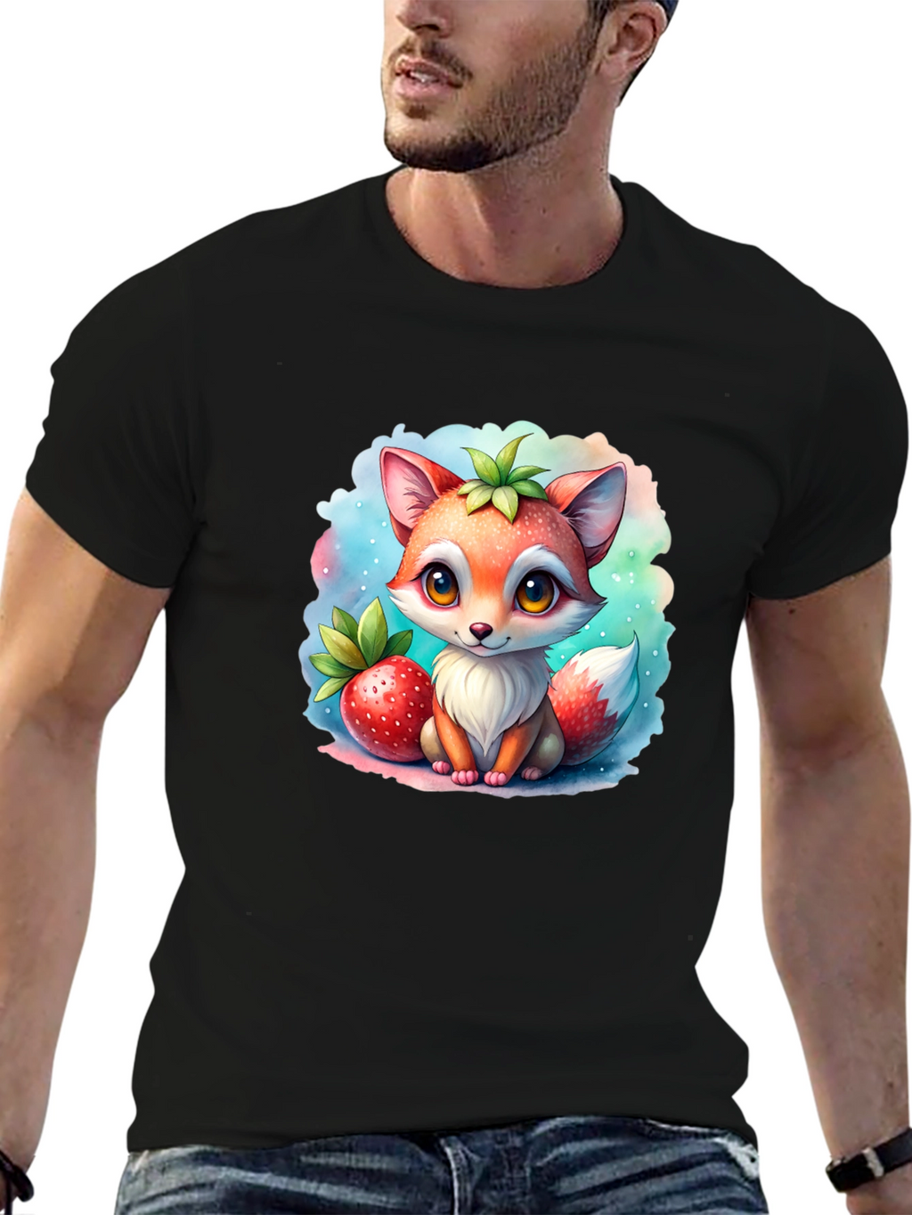 Cute Fox & Strawberry Black T-Shirt