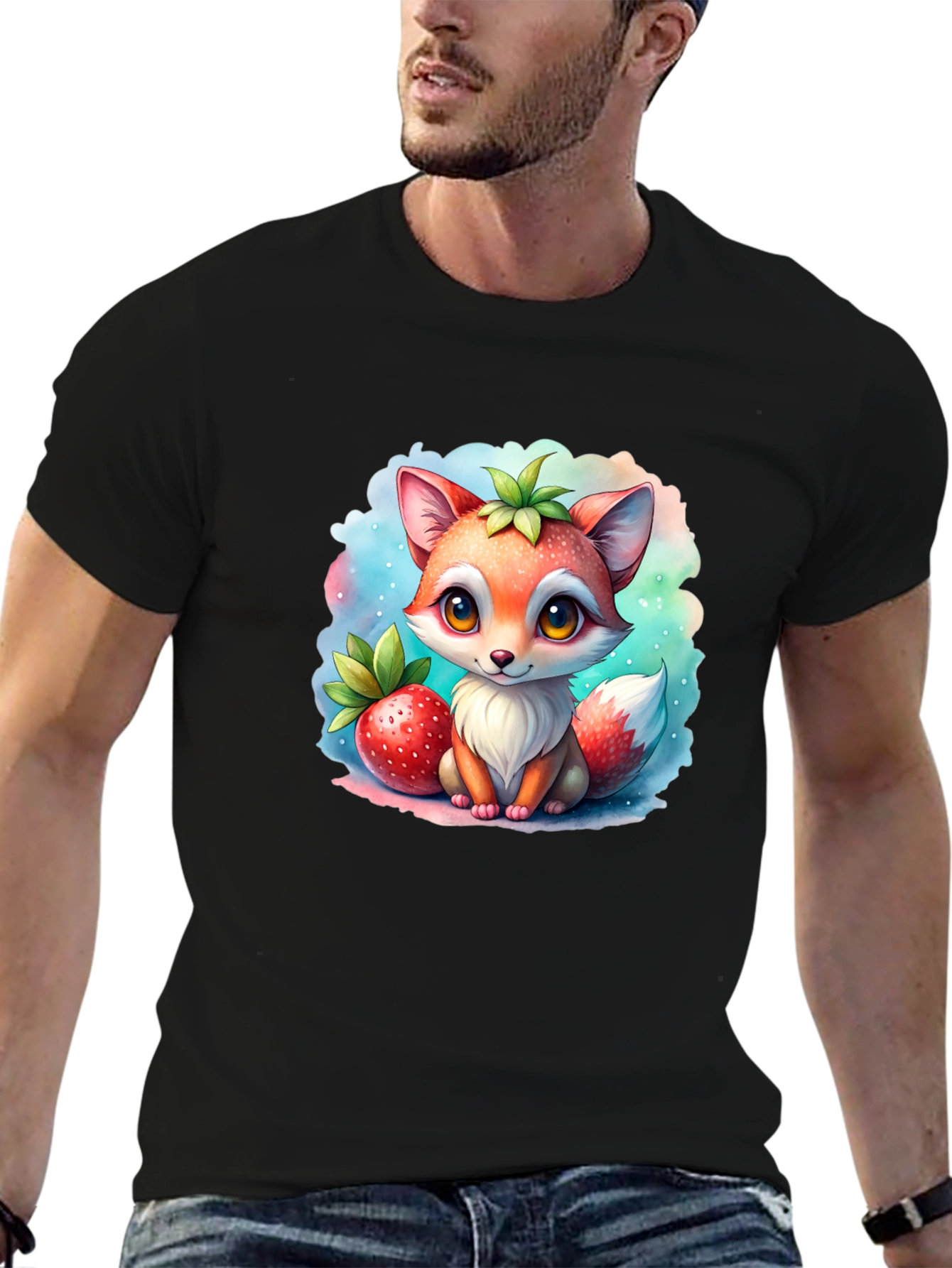Cute Fox & Strawberry Black T-Shirt