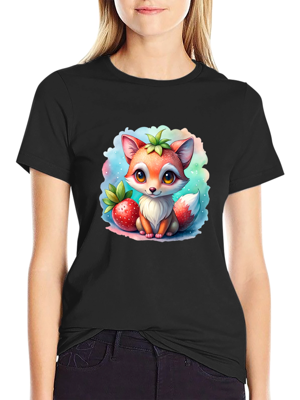 Cute Fox & Strawberry Black T-Shirt