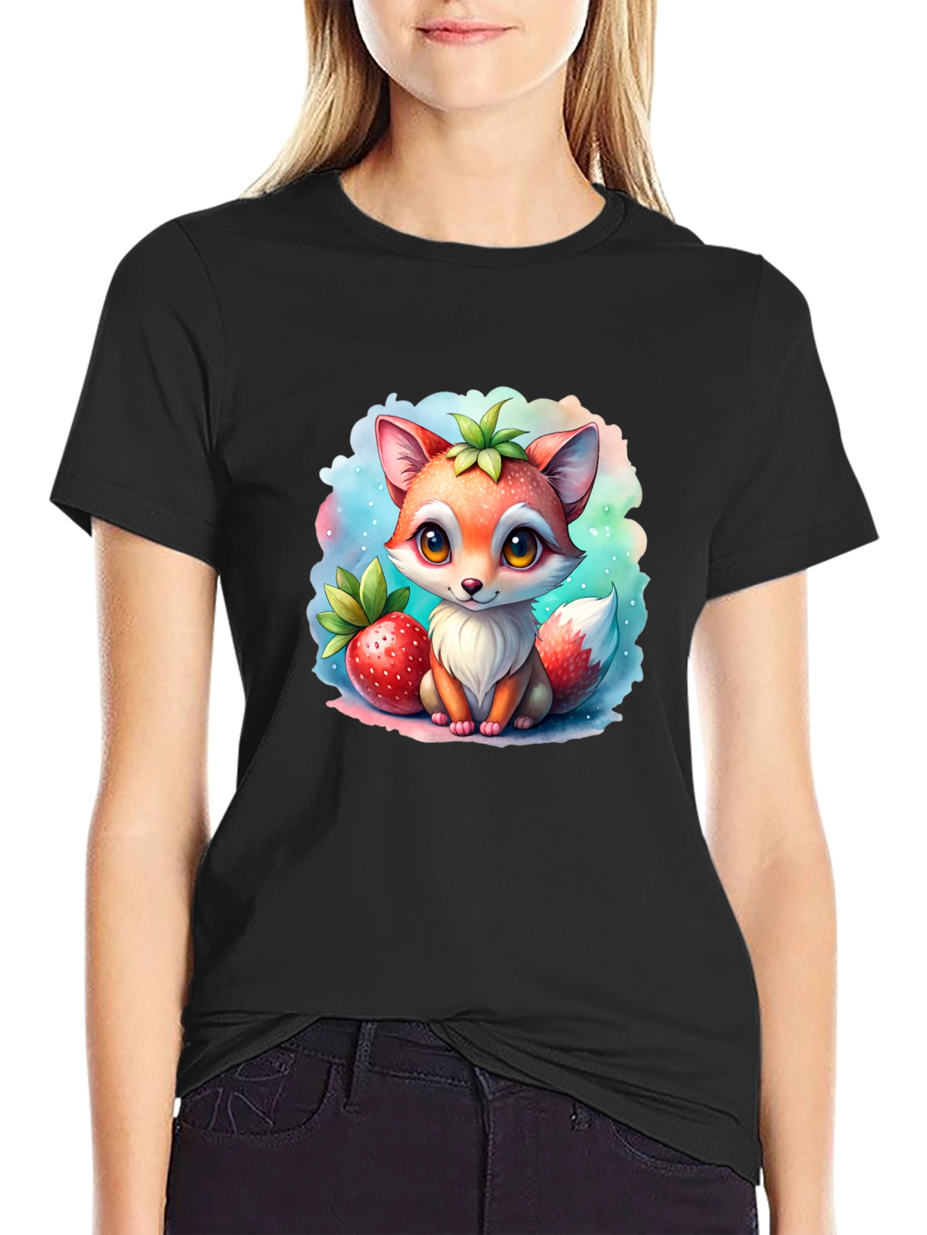 Cute Fox & Strawberry Black T-Shirt