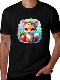 Cute Fox & Strawberry Black T-Shirt