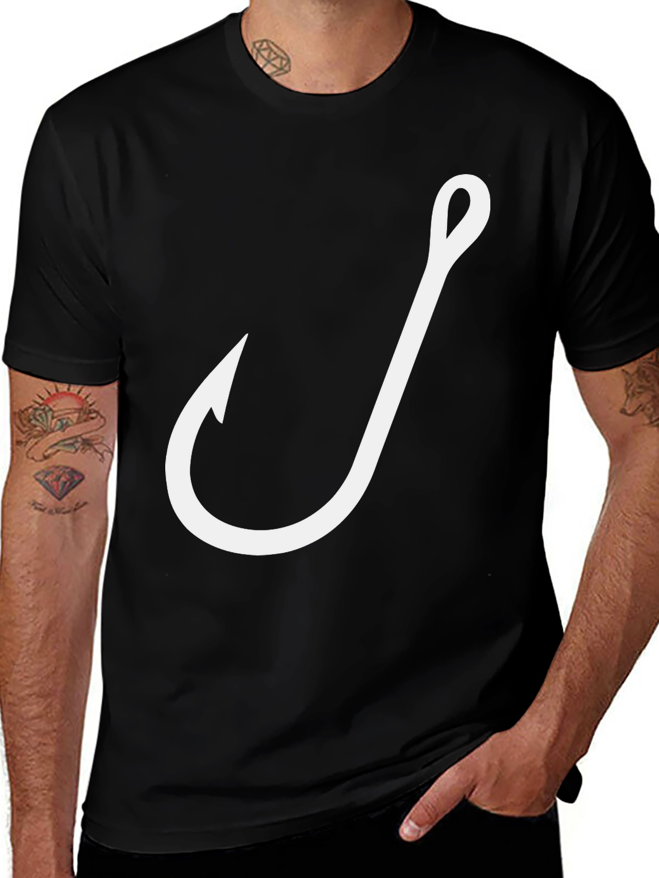 Fishing Hook Graphic T-Shirt - Black Crew Neck Tee
