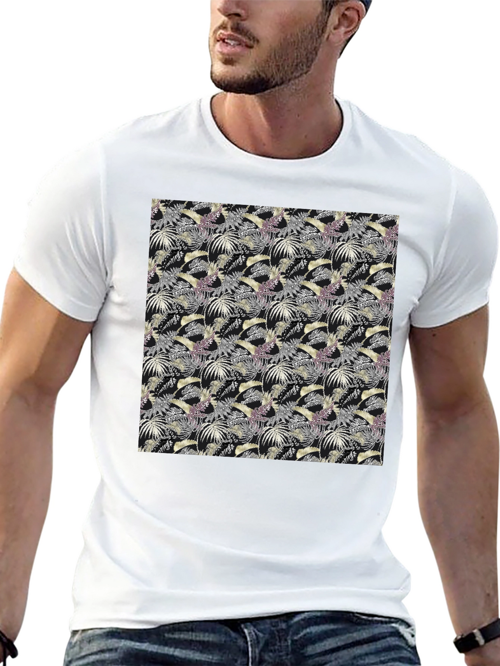 Tropical Leaves Pattern Black T-Shirt