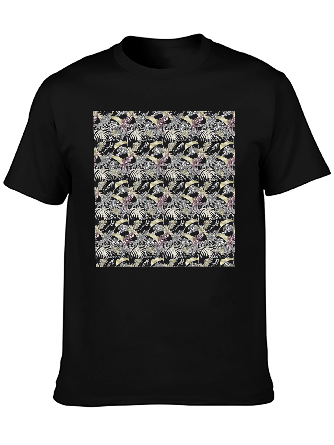 Tropical Leaves Pattern Black T-Shirt