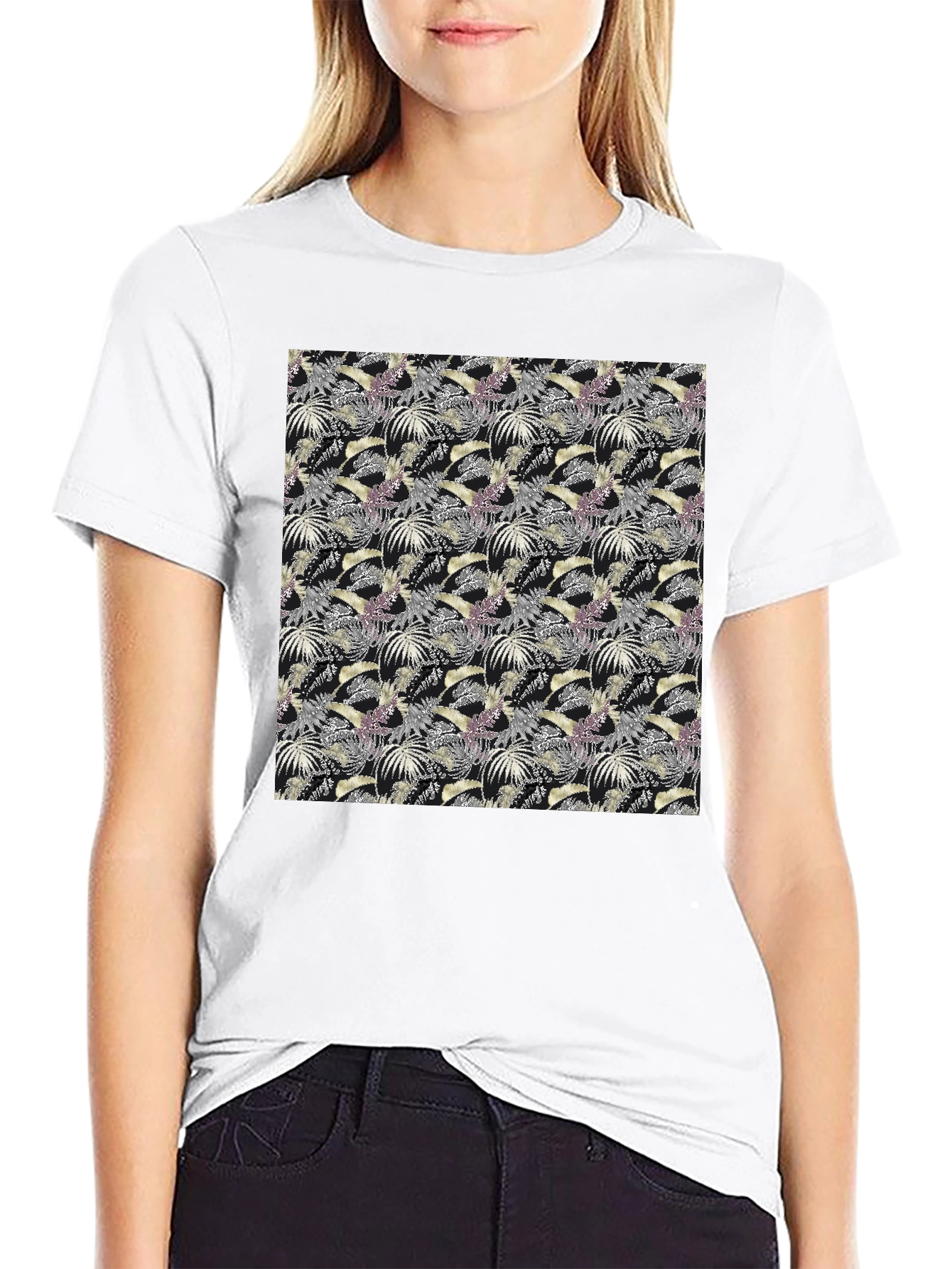 Tropical Leaves Pattern Black T-Shirt