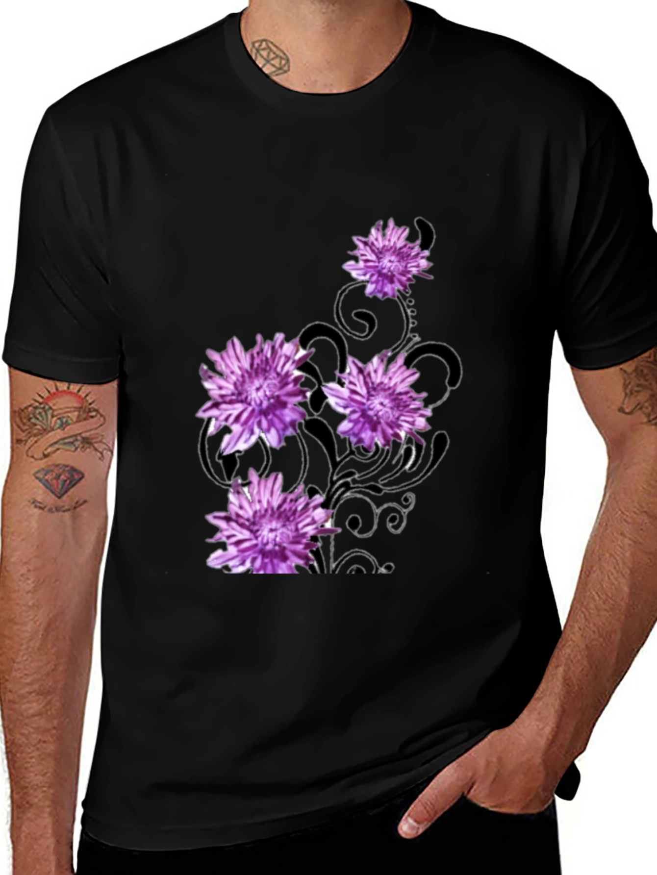 Floral Print Black T-Shirt for Men