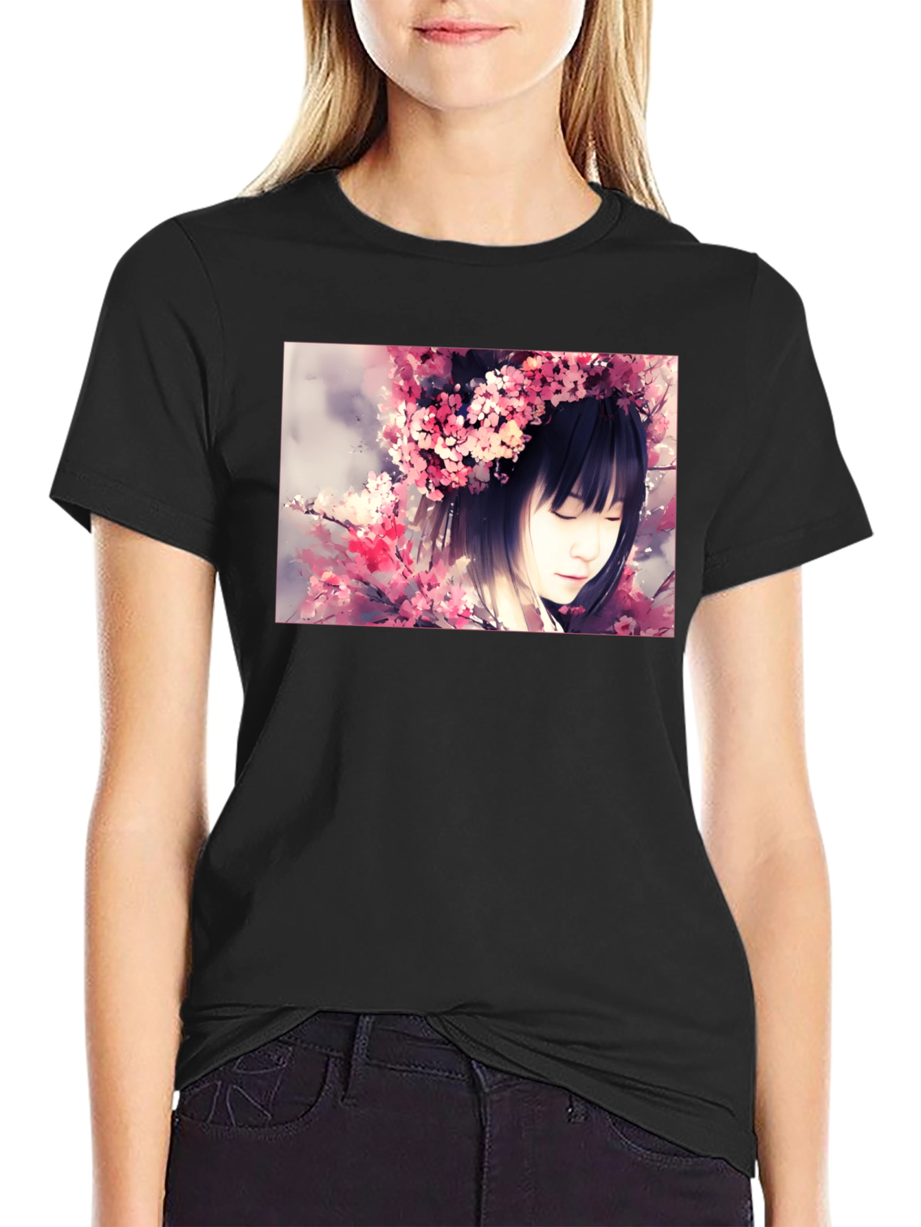 Cherry Blossom Girl Graphic Black T-Shirt