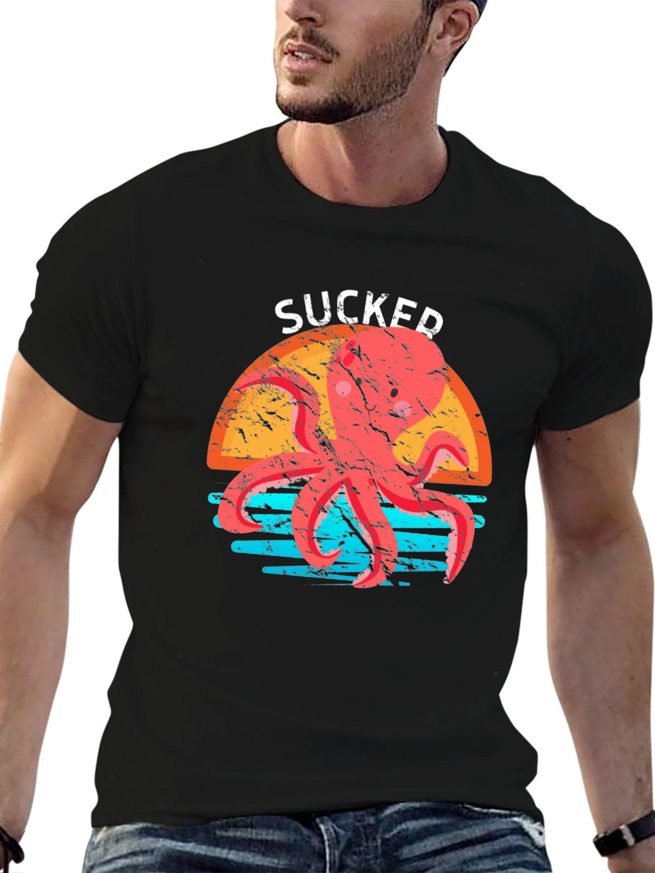 Sucker Octopus Graphic Tee - Mens Black Cotton T-Shirt