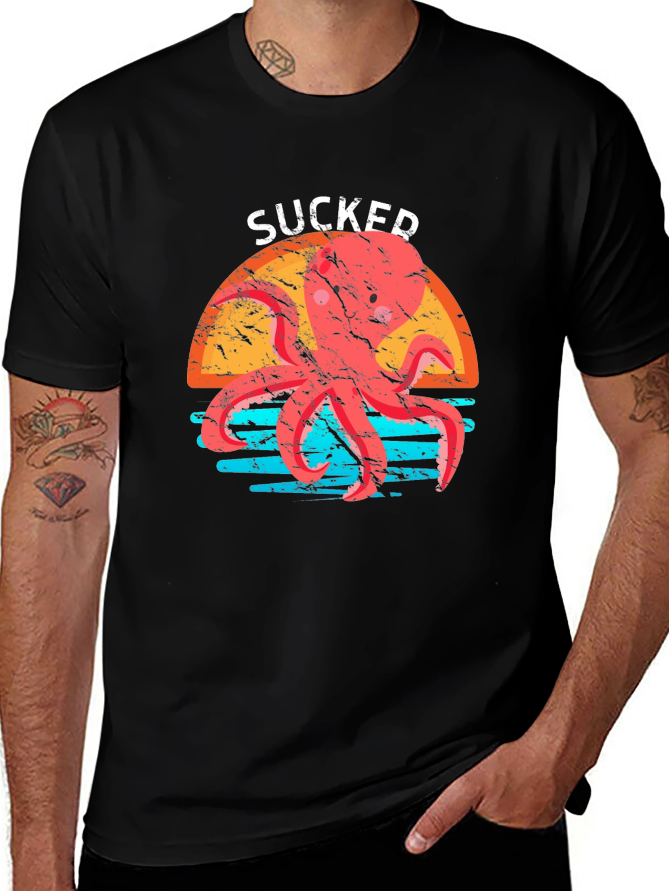 Sucker Octopus Graphic Tee - Mens Black Cotton T-Shirt